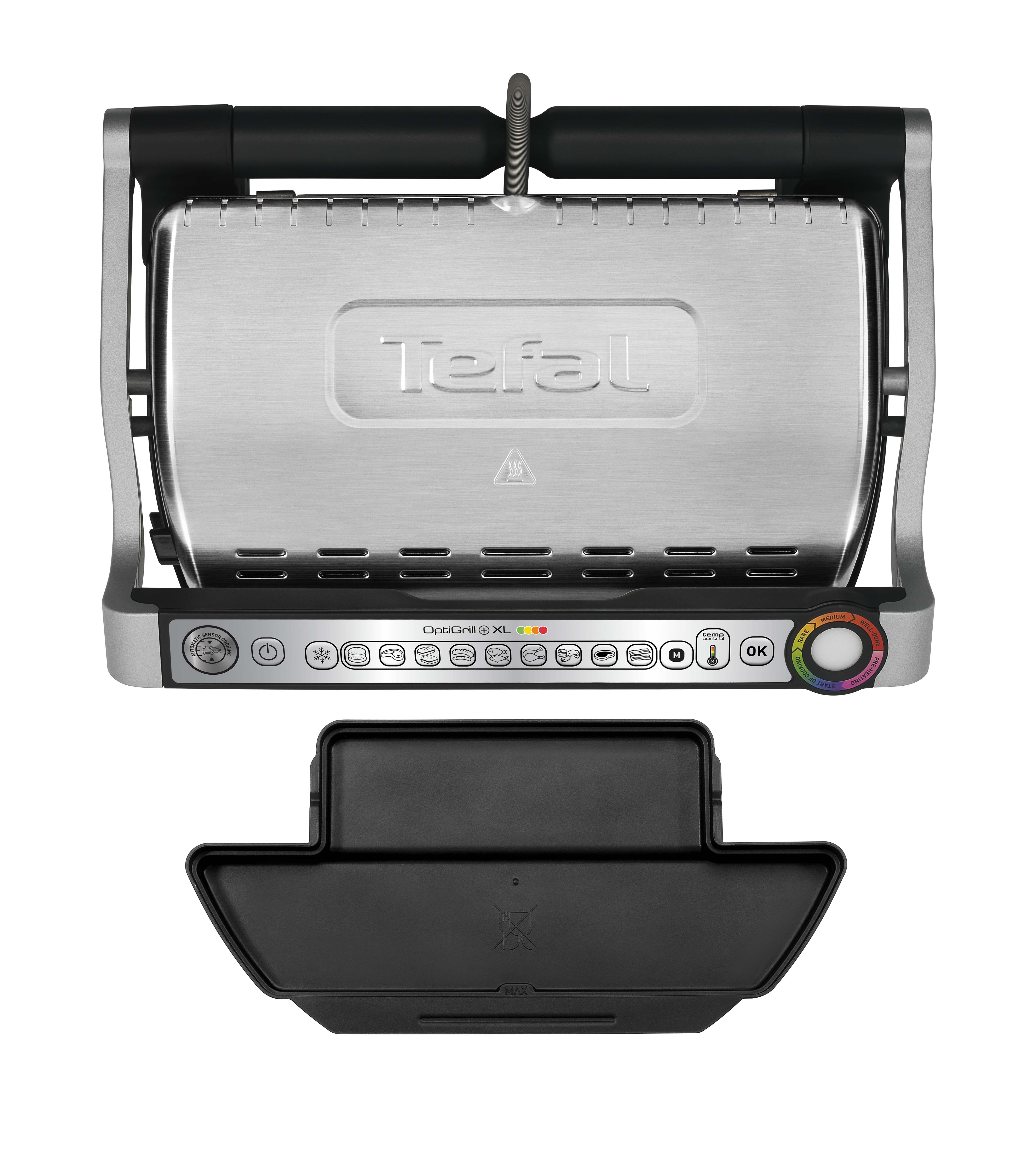 Draufsicht auf einen silbernen und schwarzen Tefal OptiGrill XL mit abnehmbarer schwarzer Abtropfschale.