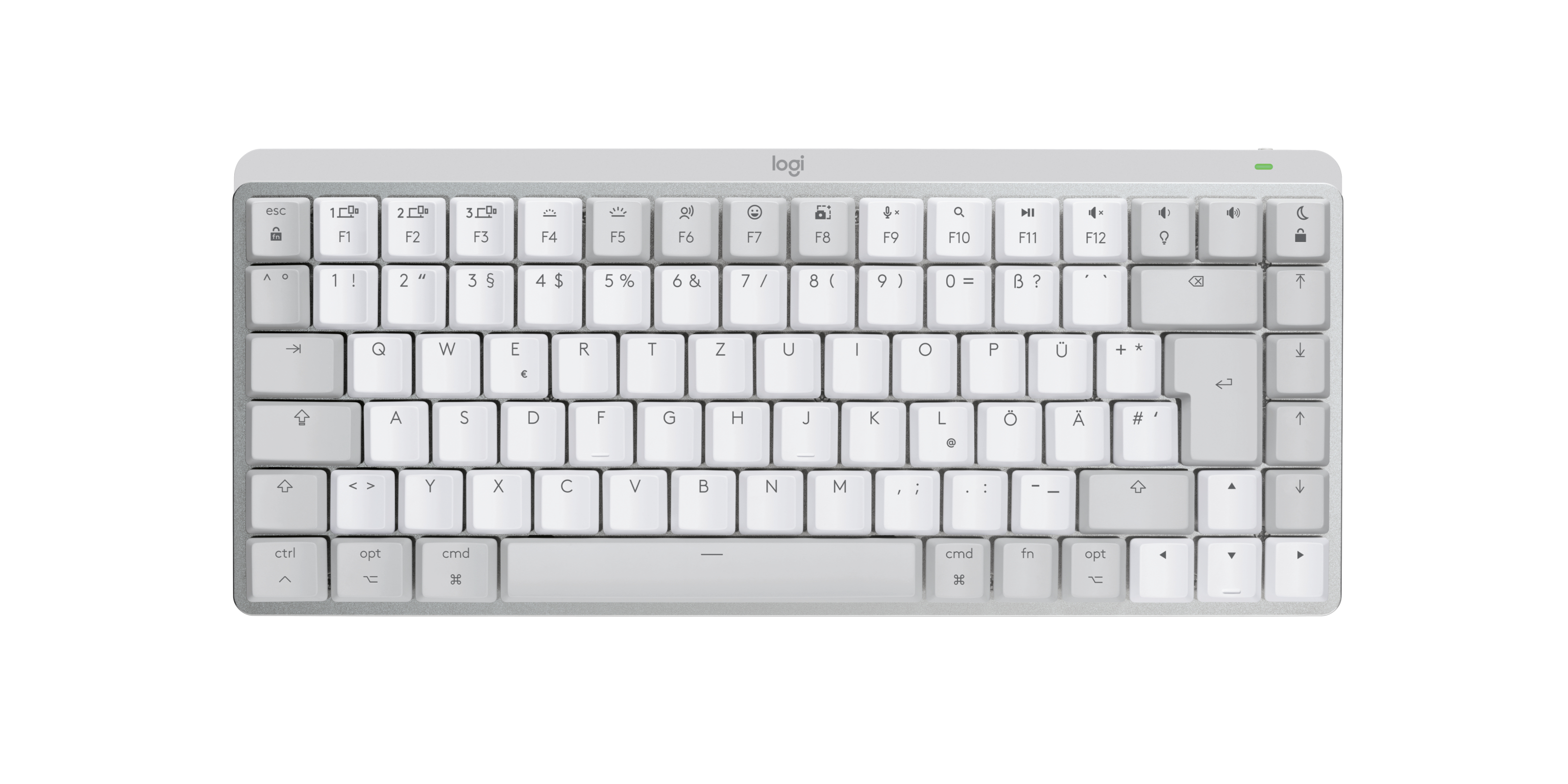 Tastiera Logitech bianca con tasti bianchi. Alcuni tasti funzione. Sfondo bianco.