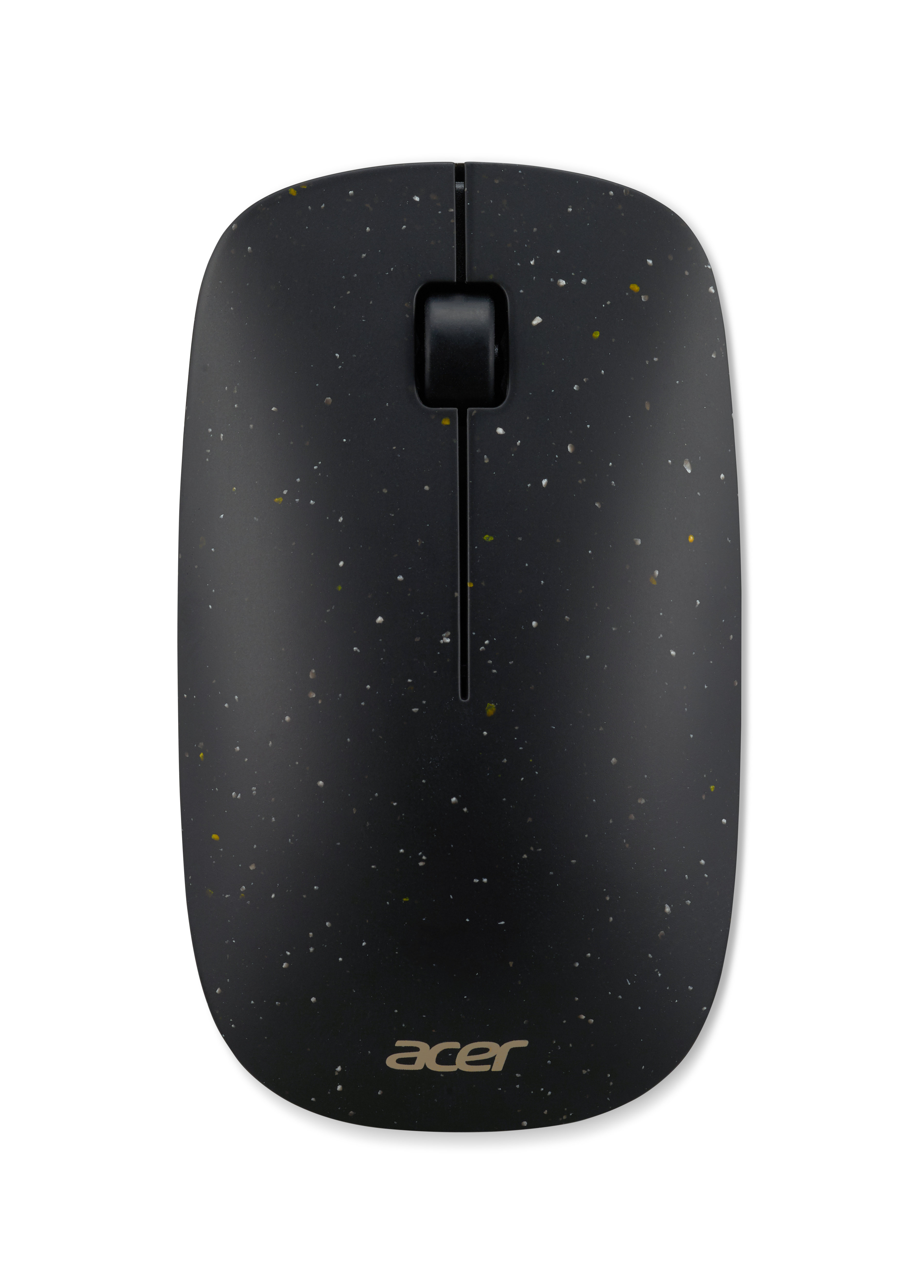 Mouse Acer nero con macchie bianche. Forma ovale, pulsante superiore e logo Acer.
