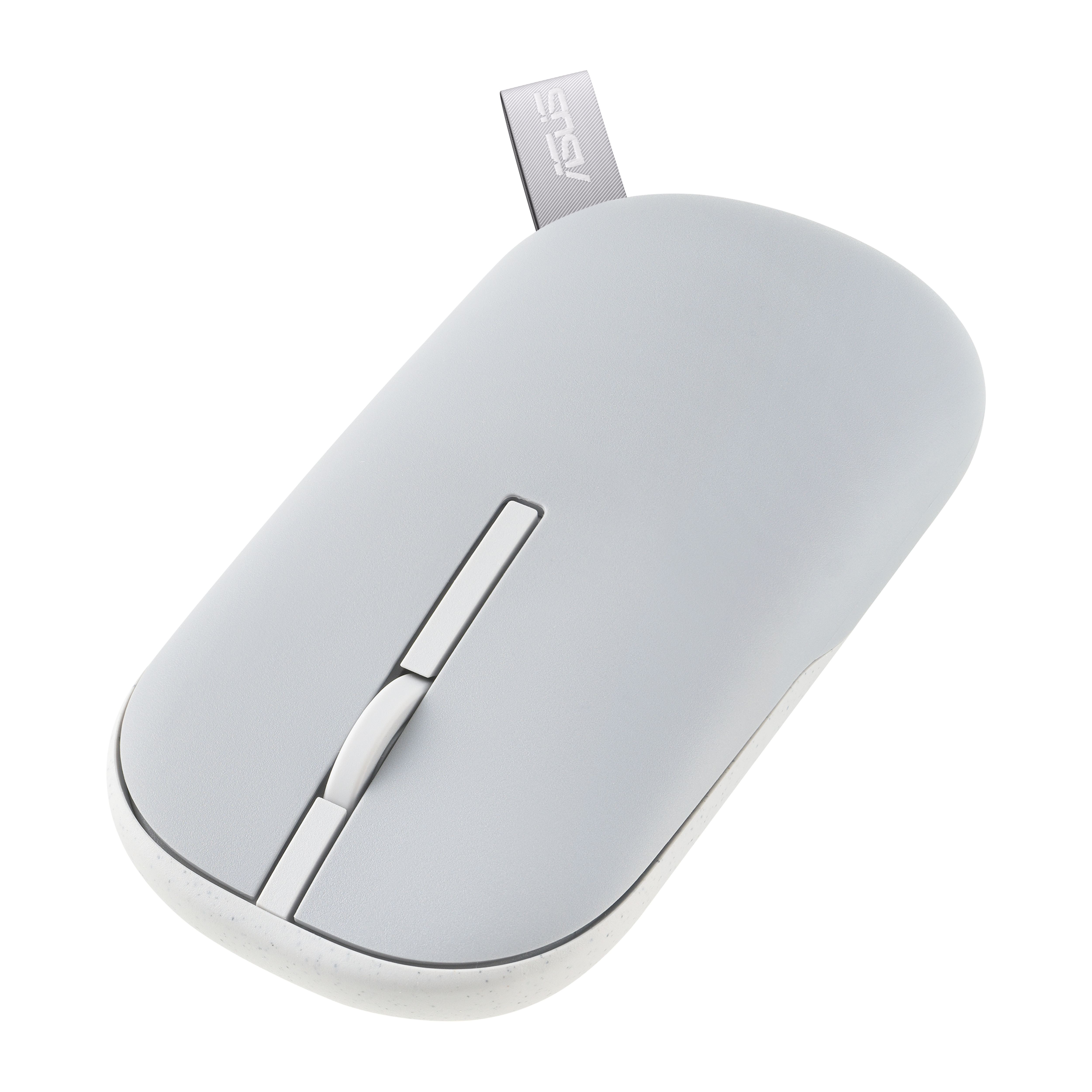 Souris sans fil gris clair. Molette et bord inférieur blancs. Logo ASUS argenté sur le dongle.