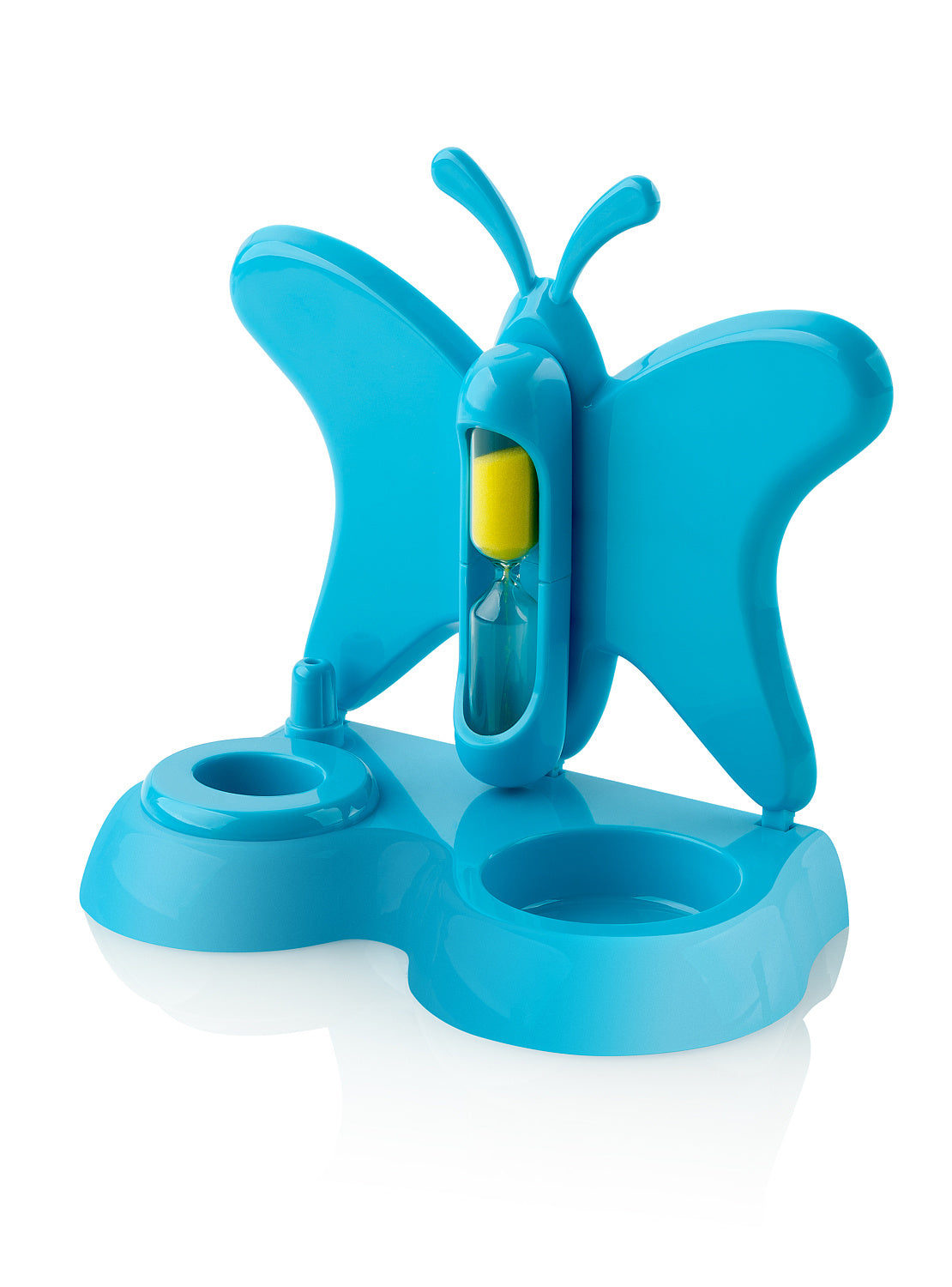 Ein blauer schmetterlingsförmiger Timer für Kinder mit gelbem Sand darin.