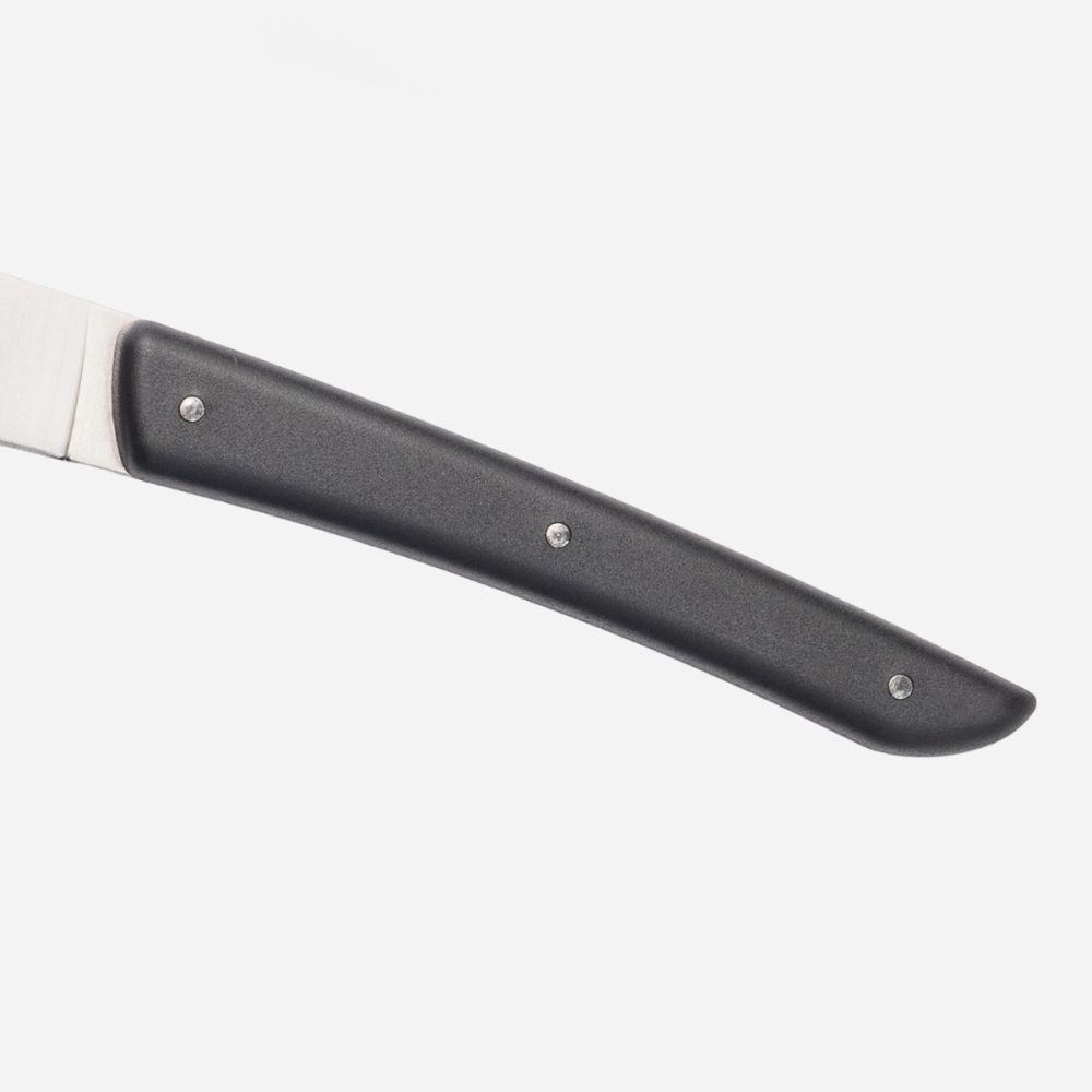 Black handle with silver rivets and a blade. The blade is stainless steel.