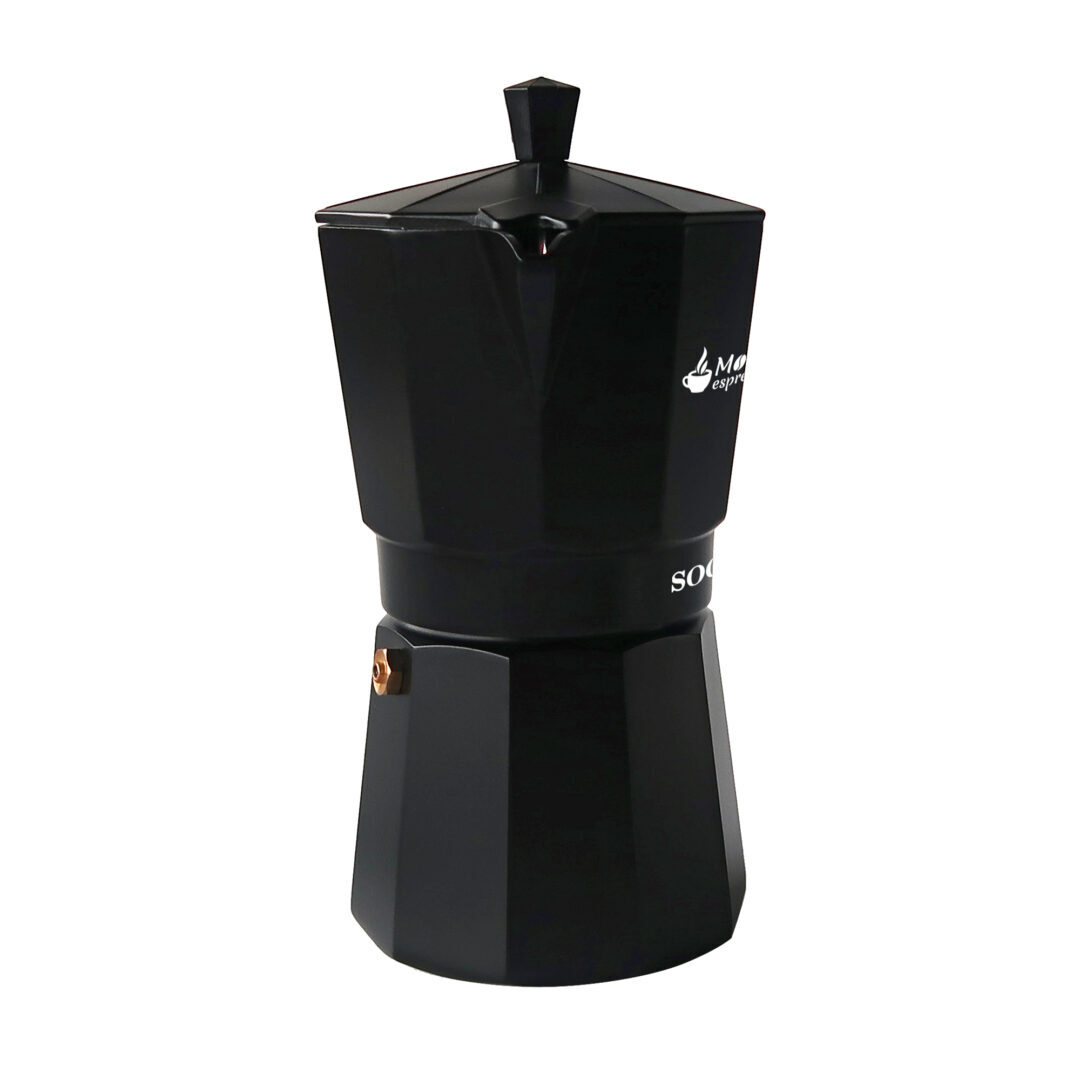 Una cafetera SOGO Moka negra sobre un fondo blanco.