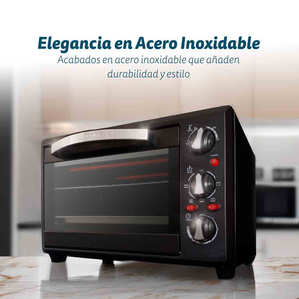 Un horno negro con texto: Elegancia en acero inoxidable. El horno tiene un asa de acero inoxidable.