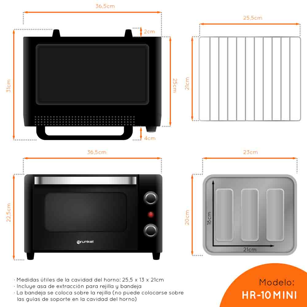 Diagramma di un mini forno nero con dimensioni e accessori. Sfondo bianco.