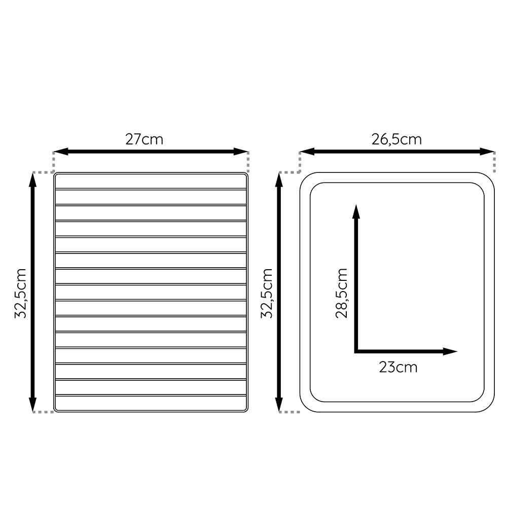 Diagrama de una bandeja rectangular con dimensiones en cm. Se muestra desde arriba.