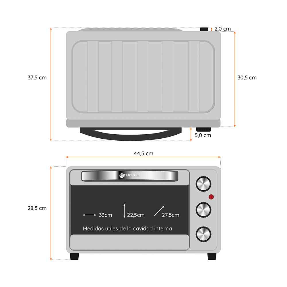 Diagrama de las vistas superior y frontal de un horno tostador gris. Las dimensiones están etiquetadas en cm.