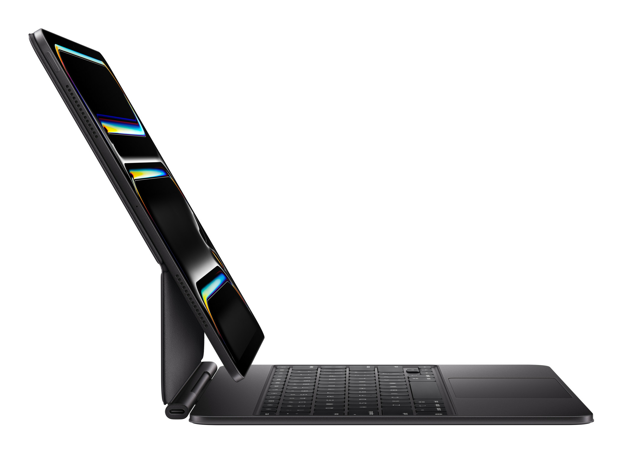 Schwarzes iPad Pro, auf einer schwarzen Tastaturhülle abgestützt, mit einem abstrakten Bild auf dem Bildschirm.