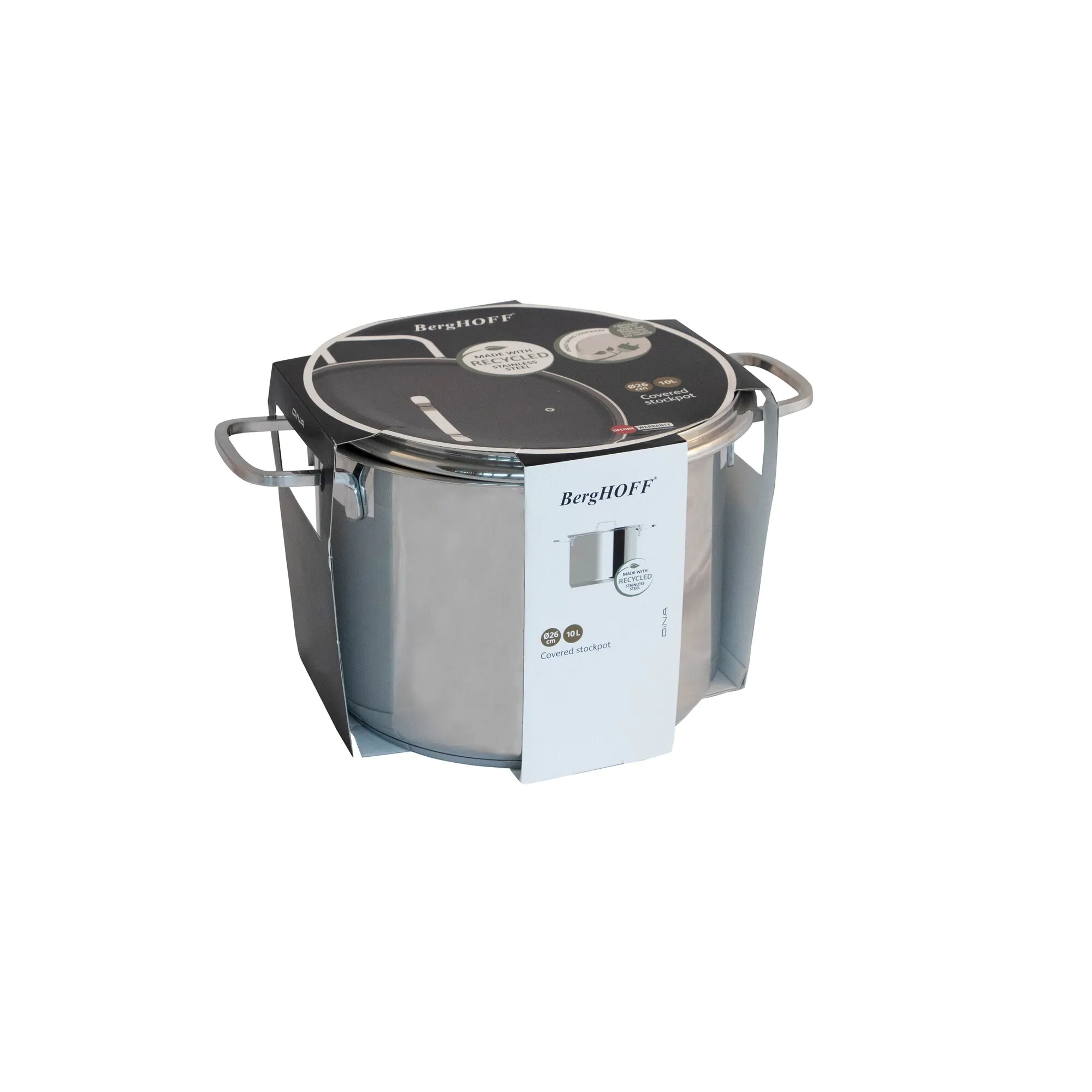 Schuine weergave van een zilveren pot met een doos. Witte achtergrond. Tekst op de doos.