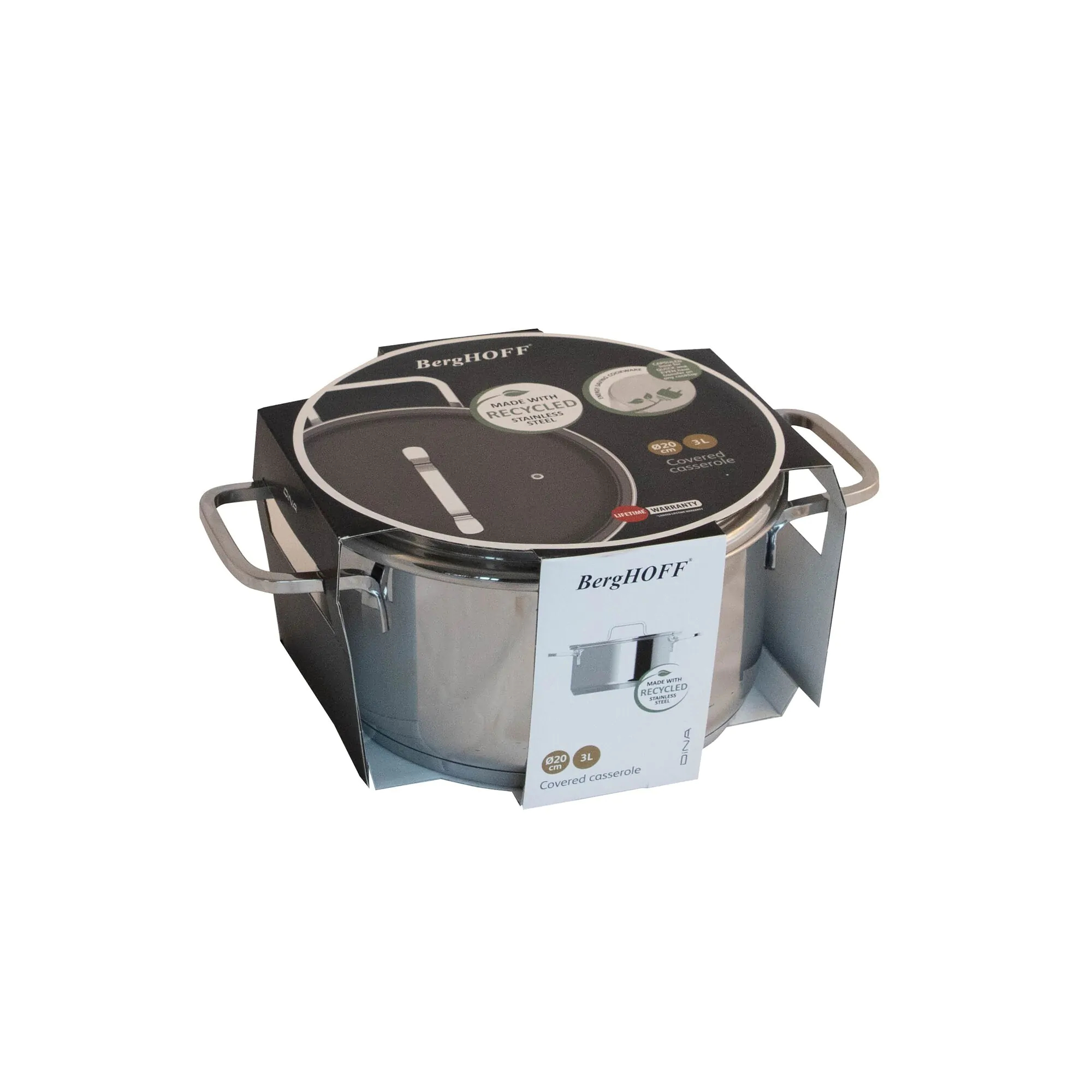 Schuine weergave van een zilveren pot met een doos. Witte achtergrond. Tekst op de doos.
