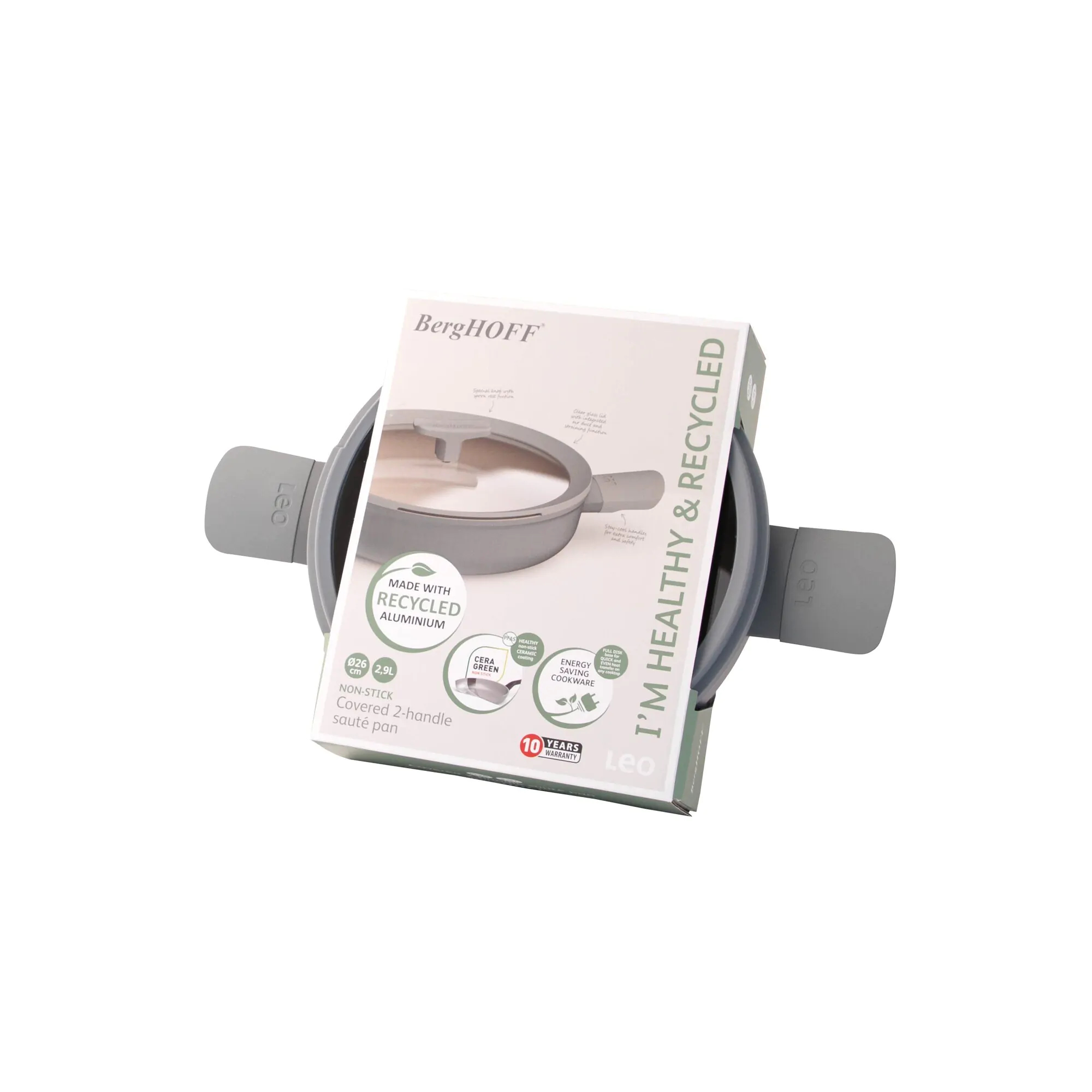 Angled view of a gray pan with a box. White background. Text on the box.