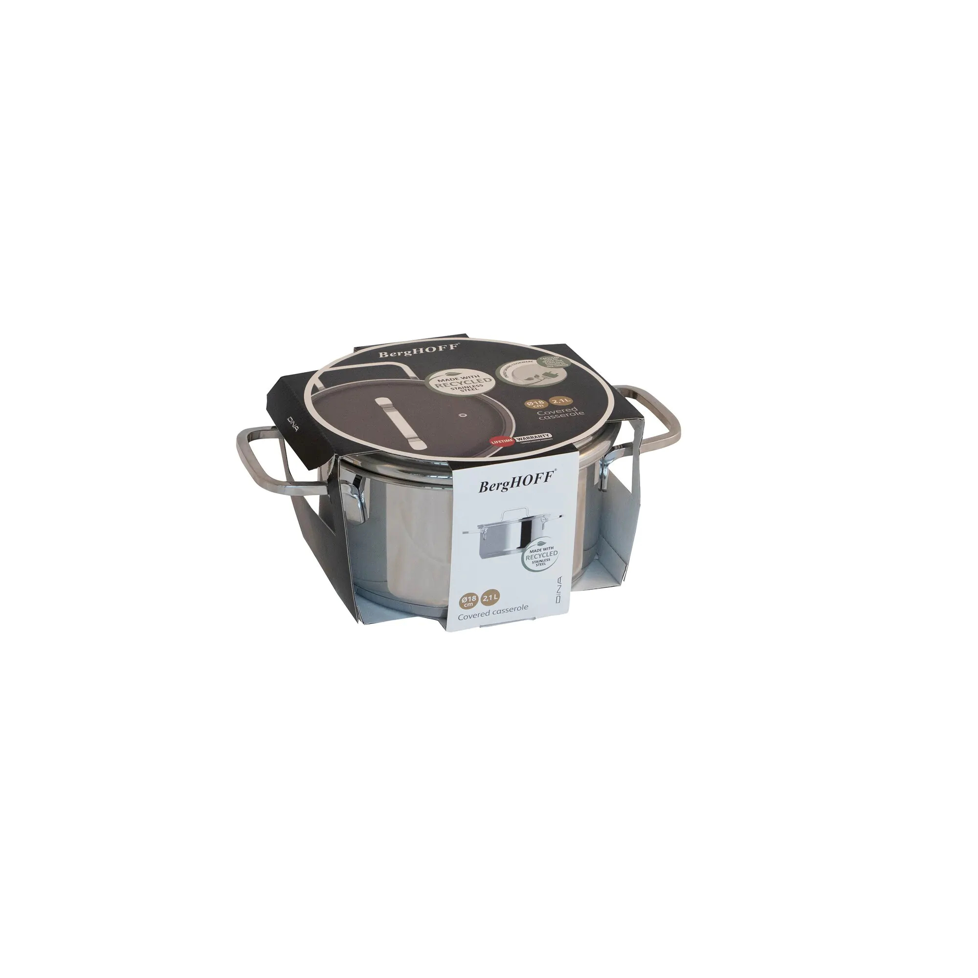 Schuine weergave van een zilveren pot met een doos. Witte achtergrond. Tekst op de doos.