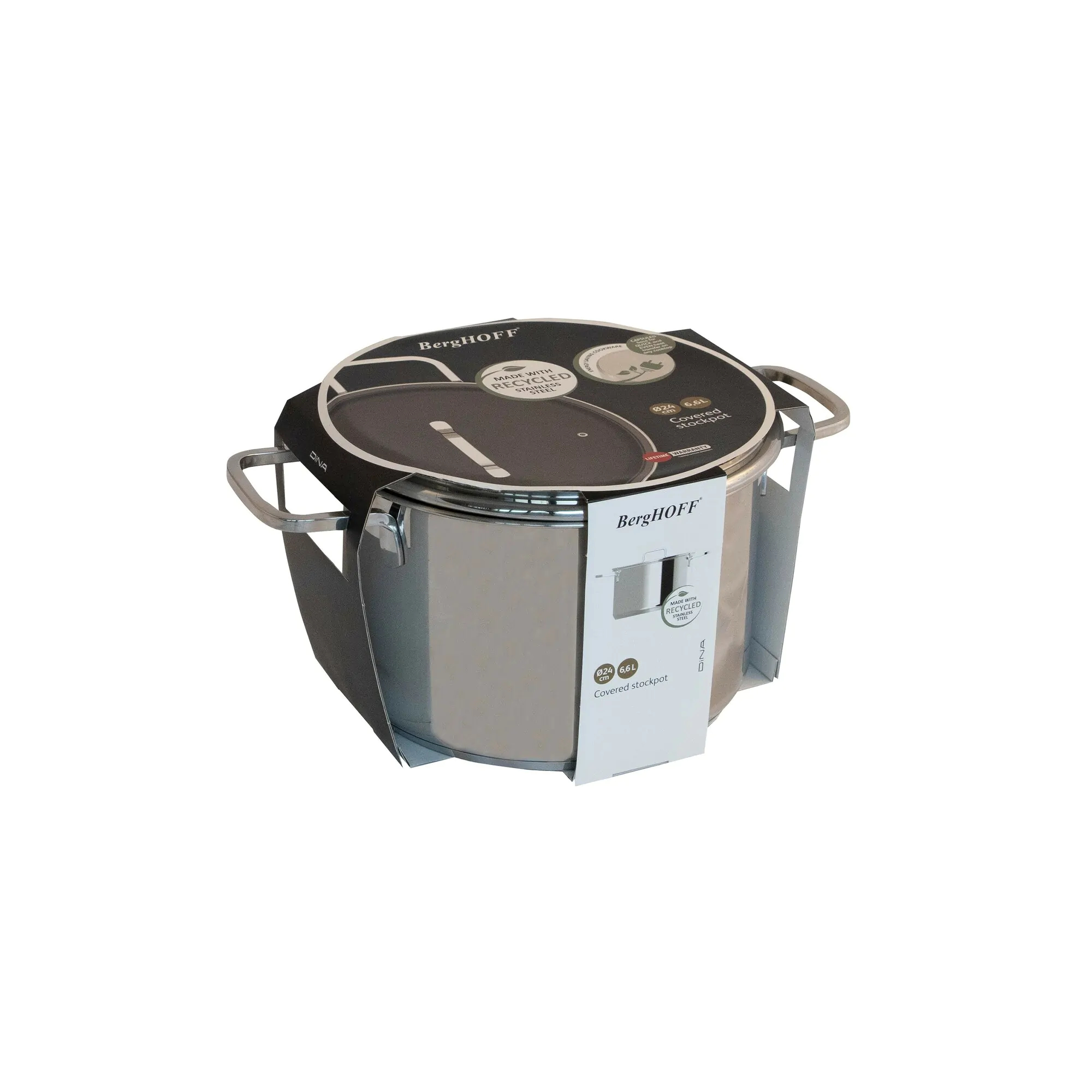Schuine weergave van een zilveren pot met een doos. Witte achtergrond. Tekst op de doos.