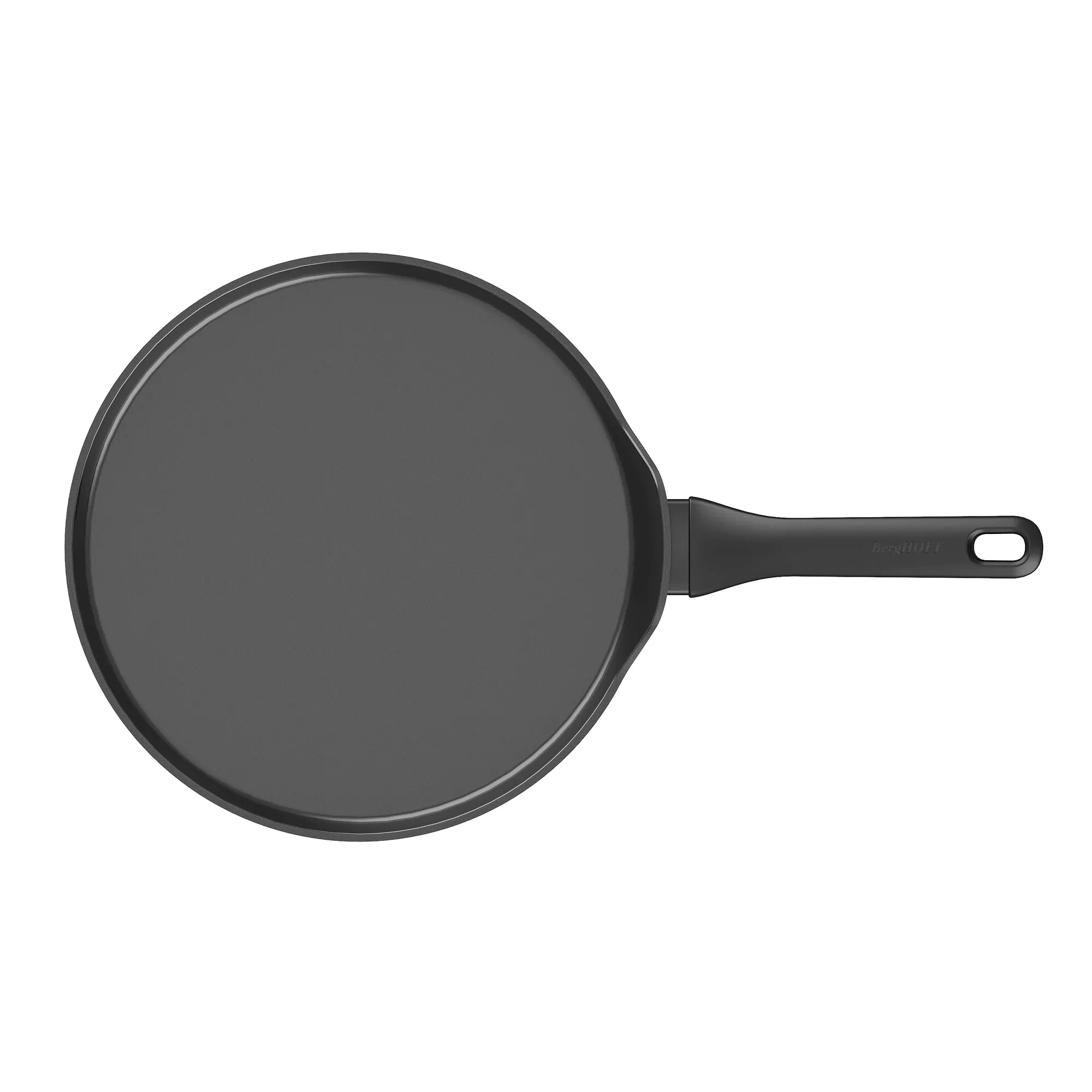 A dark gray frying pan with a long handle. It is on a white background.