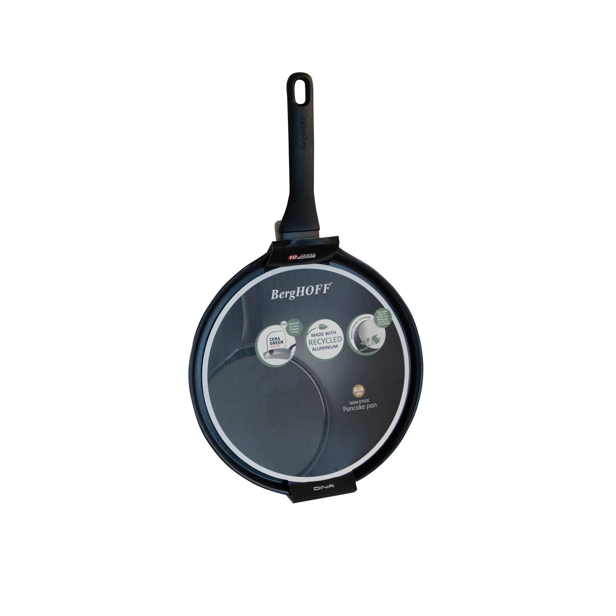 Black frying pan with a long handle, and a tag. Isolated on white background.