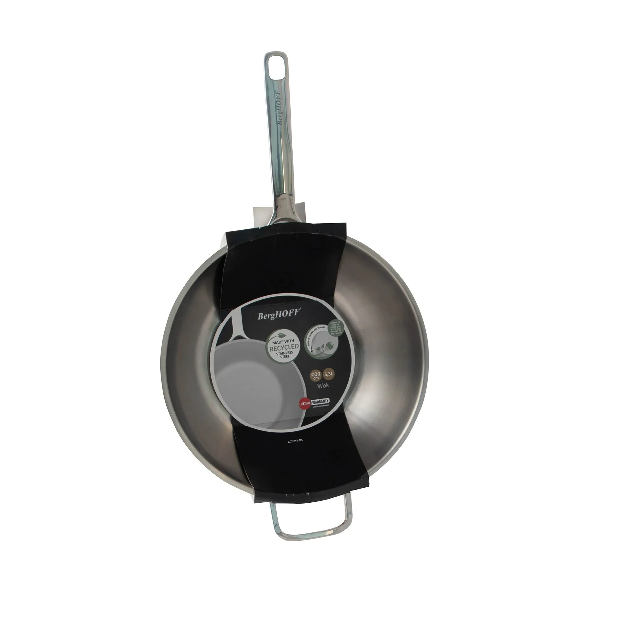 Een wok met verpakking. De wok is zilverkleurig en heeft een lange handgreep en een kleine handgreep.