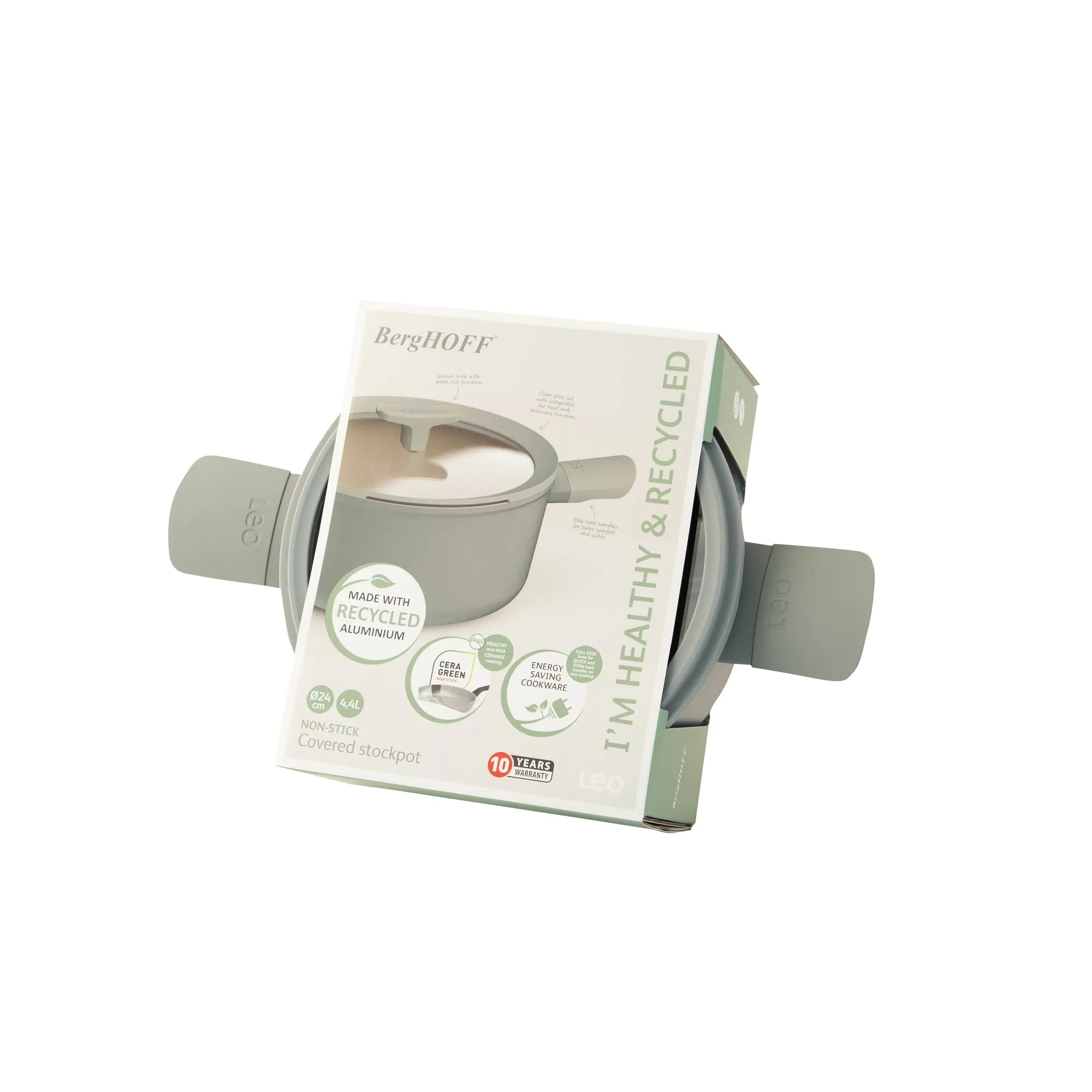 Een grijze pot in de verpakking, met een handvat. De tekst luidt 'I'm healthy & recycled'.