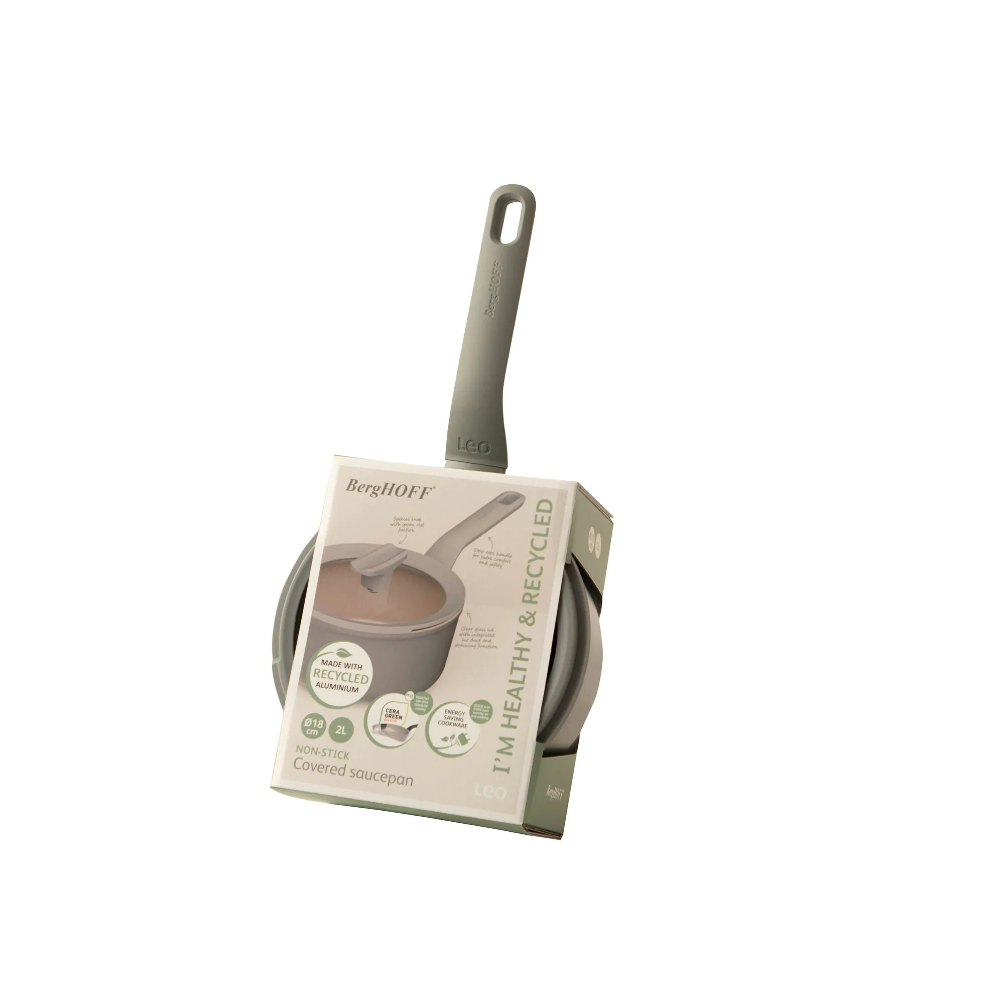 Gray saucepan in packaging, with a handle. The text says 'I'm healthy & recycled'.