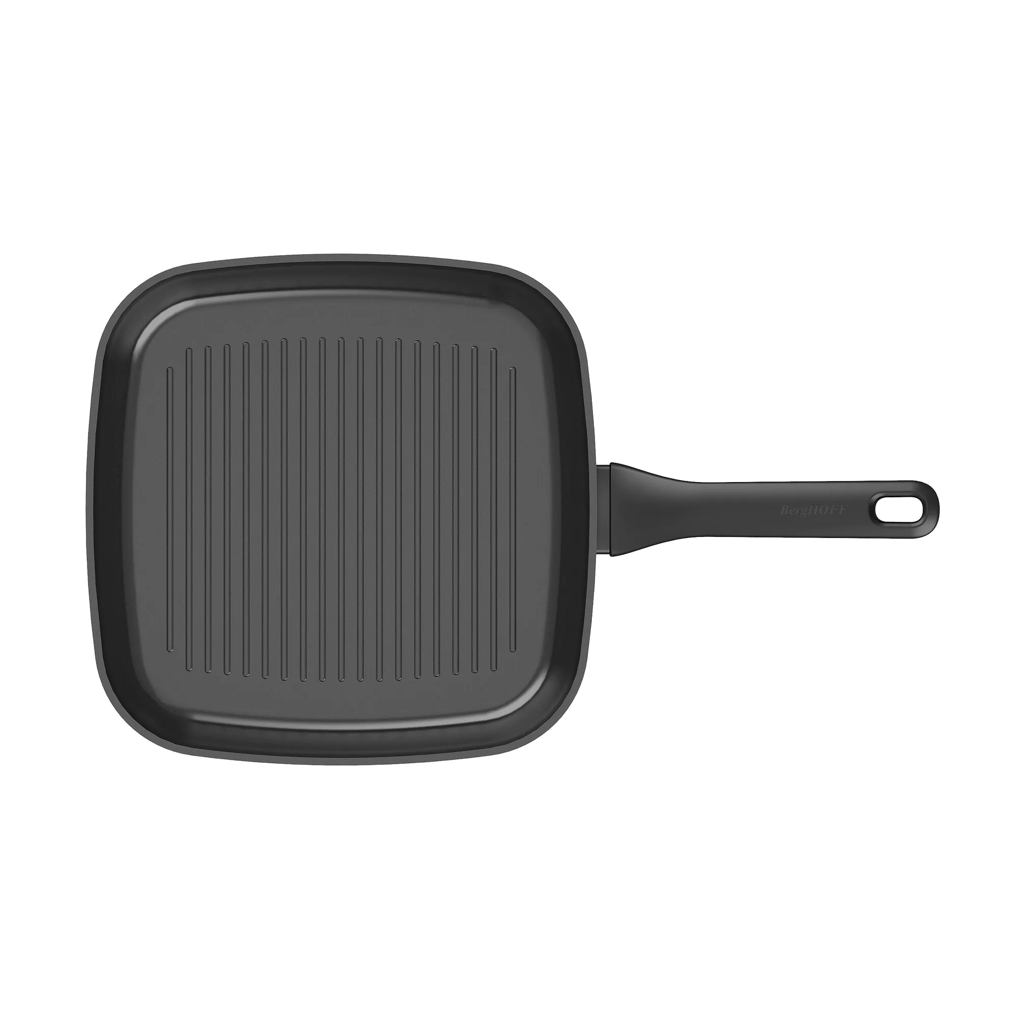 Black square grill pan with handle, top view.
