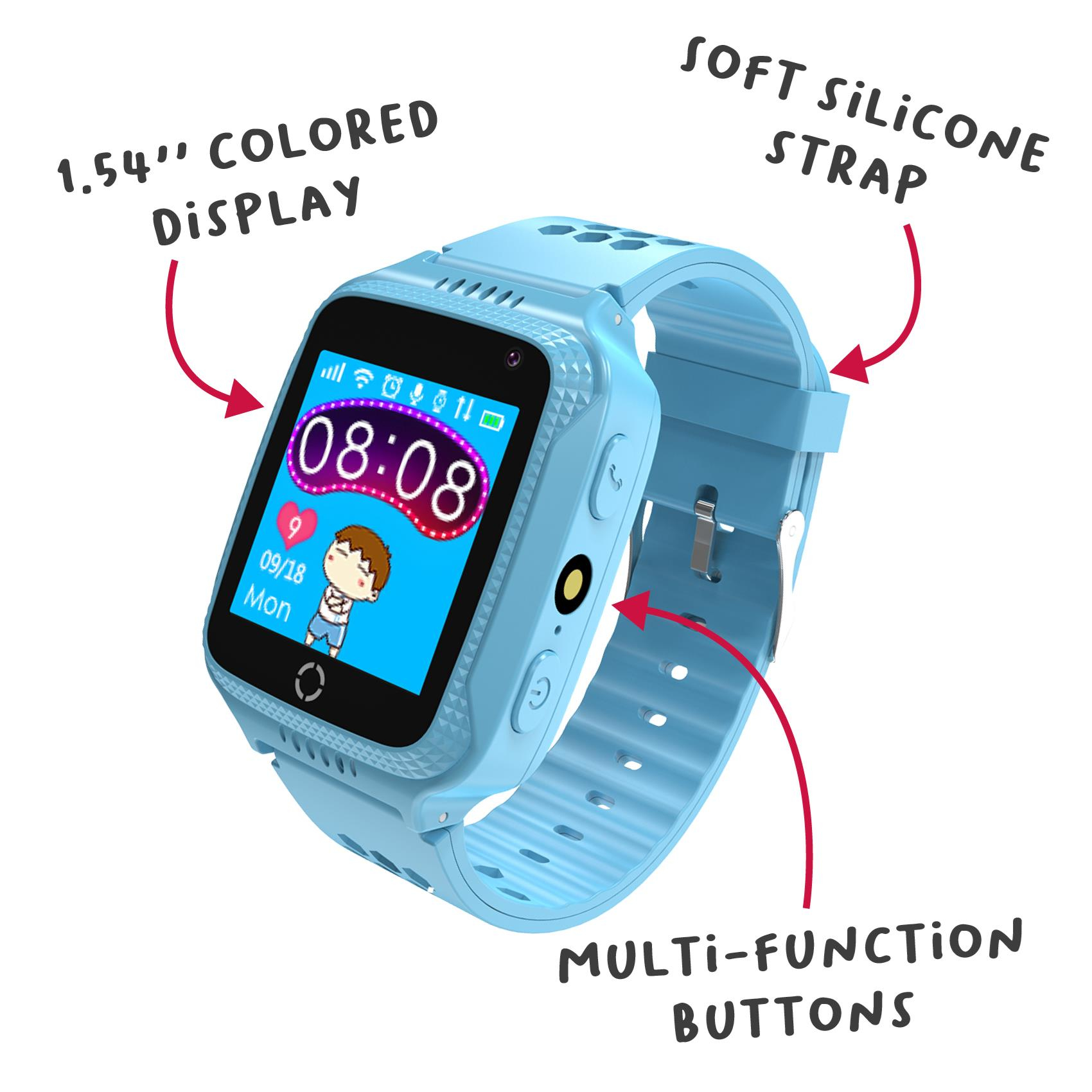 Uno smartwatch blu con display a colori da 1,54", cinturino in silicone morbido e pulsanti multifunzione.