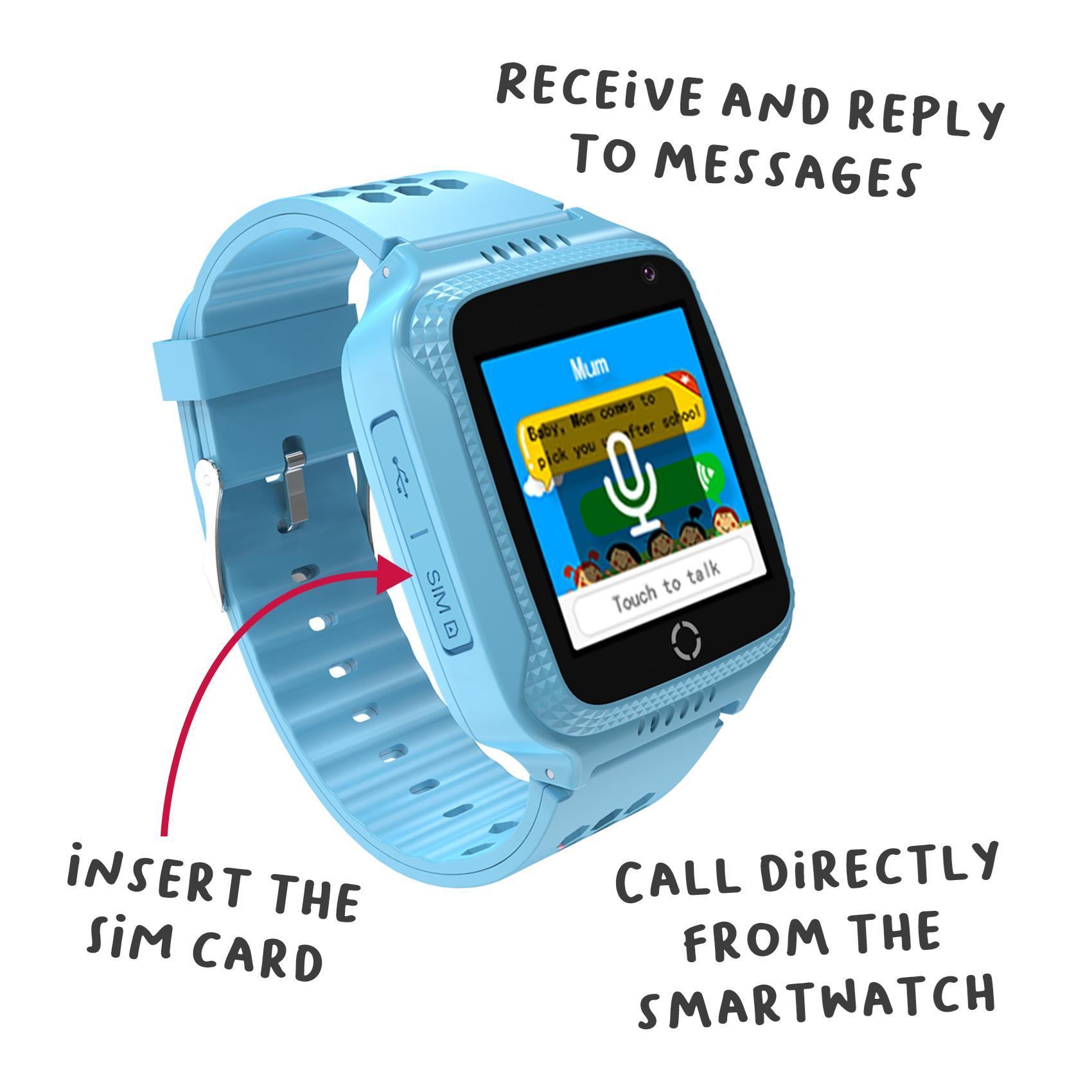 Smartwatch blu con schermo che mostra un messaggio. Testo: inserisci la SIM, chiama direttamente.