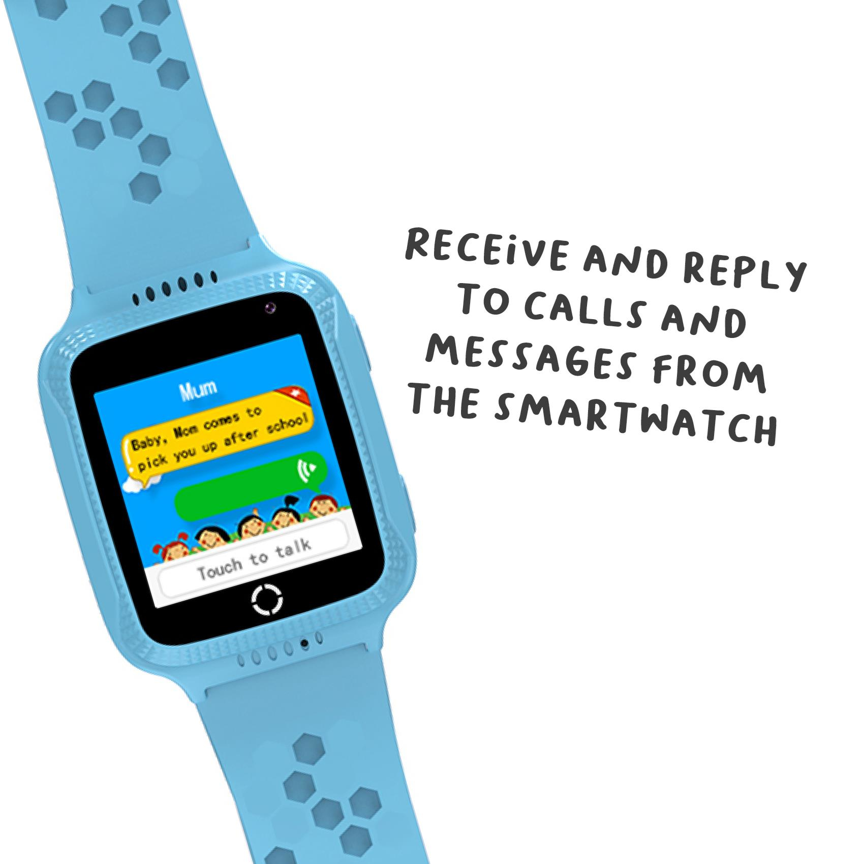 Uno schermo di smartwatch blu che mostra un messaggio da 'Mamma' per venire a prendere dopo la scuola.