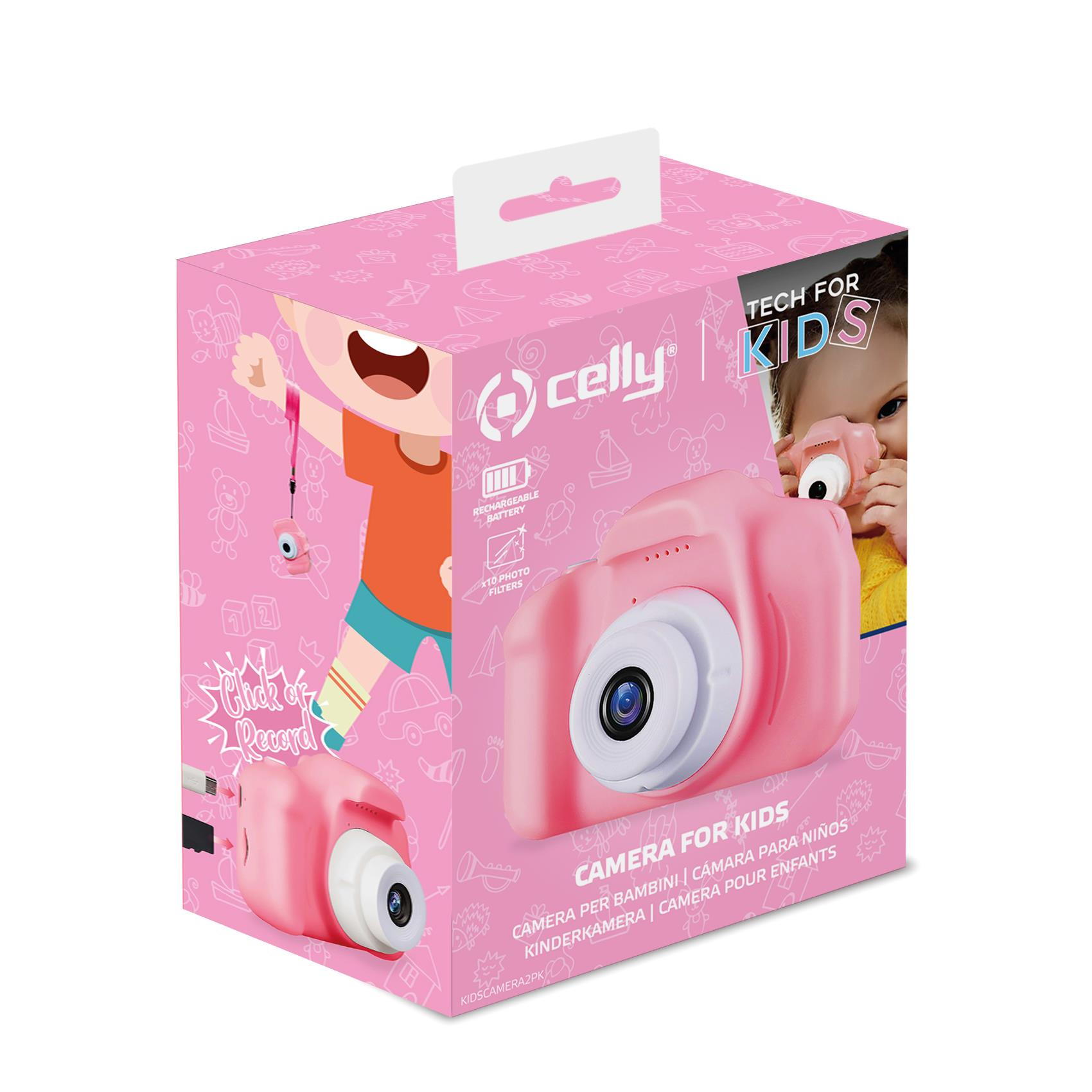Una cámara de juguete rosa en una caja. La caja muestra un dibujo de la cámara y un niño con una cámara.