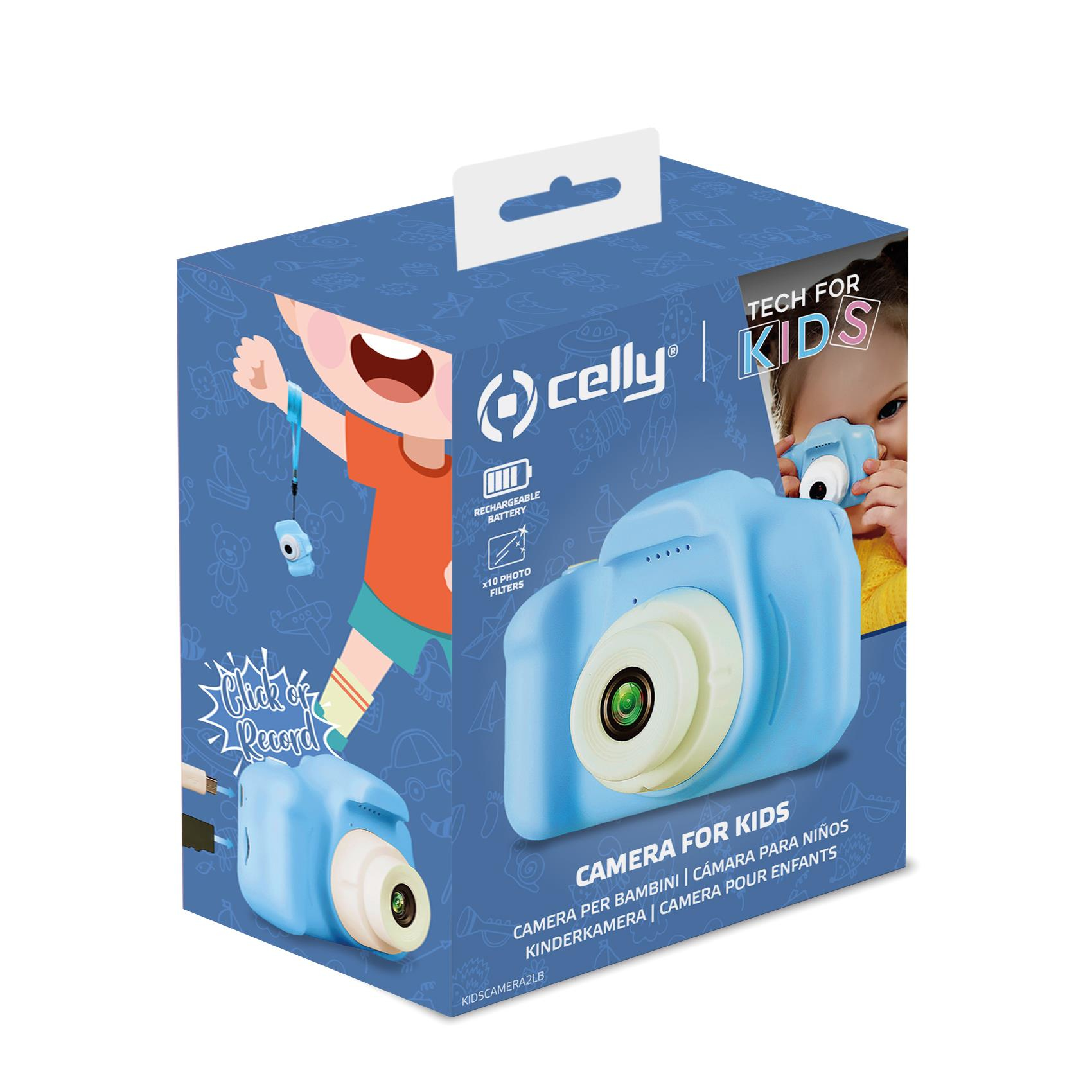 Cámara azul en caja para niños con un niño pequeño sosteniendo una cámara y sonriendo.