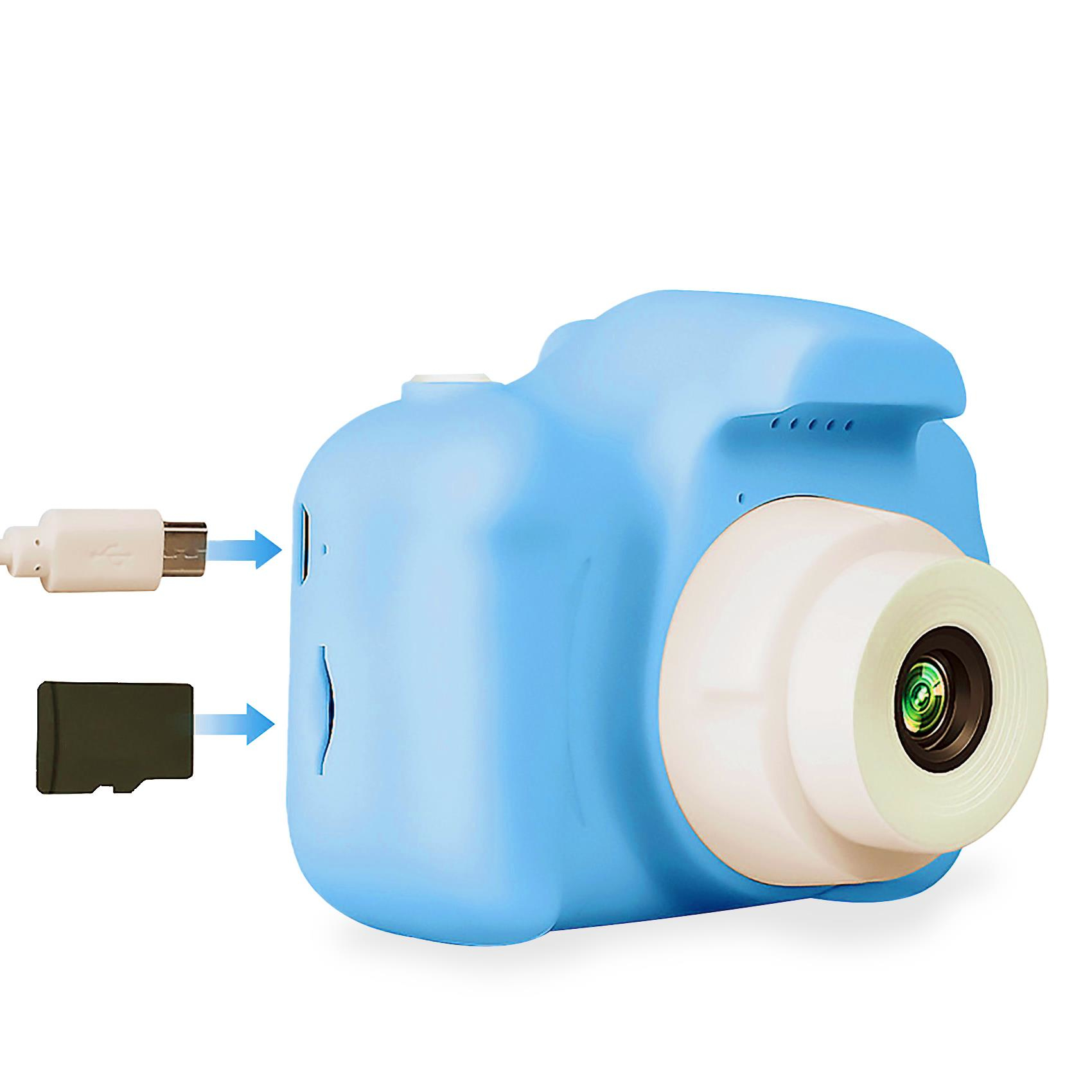 Cámara infantil azul claro con lente blanca y ranuras USB y para tarjetas SD.