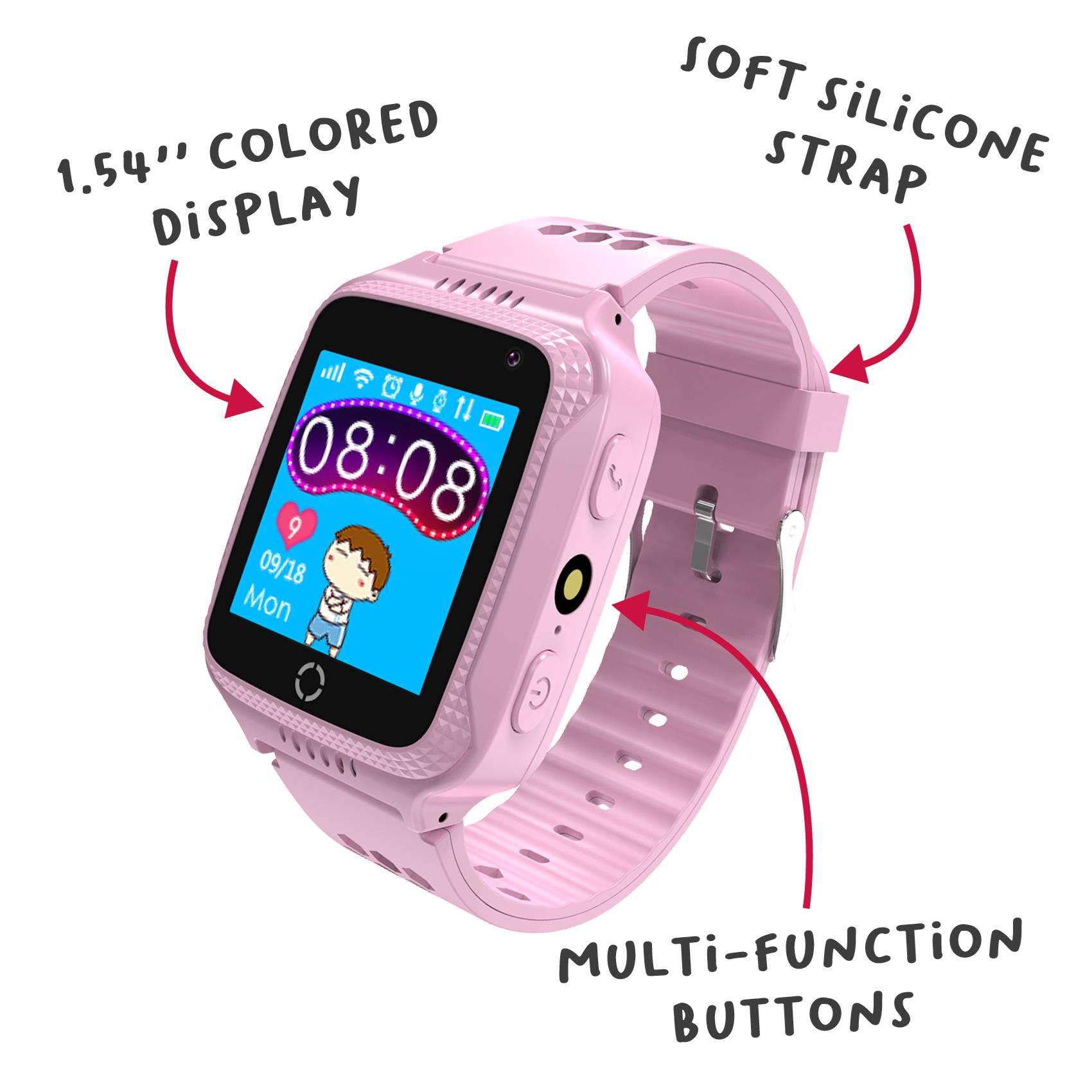 Smartwatch rosa con schermo a colori. Ha pulsanti multifunzione, un cinturino in silicone morbido.