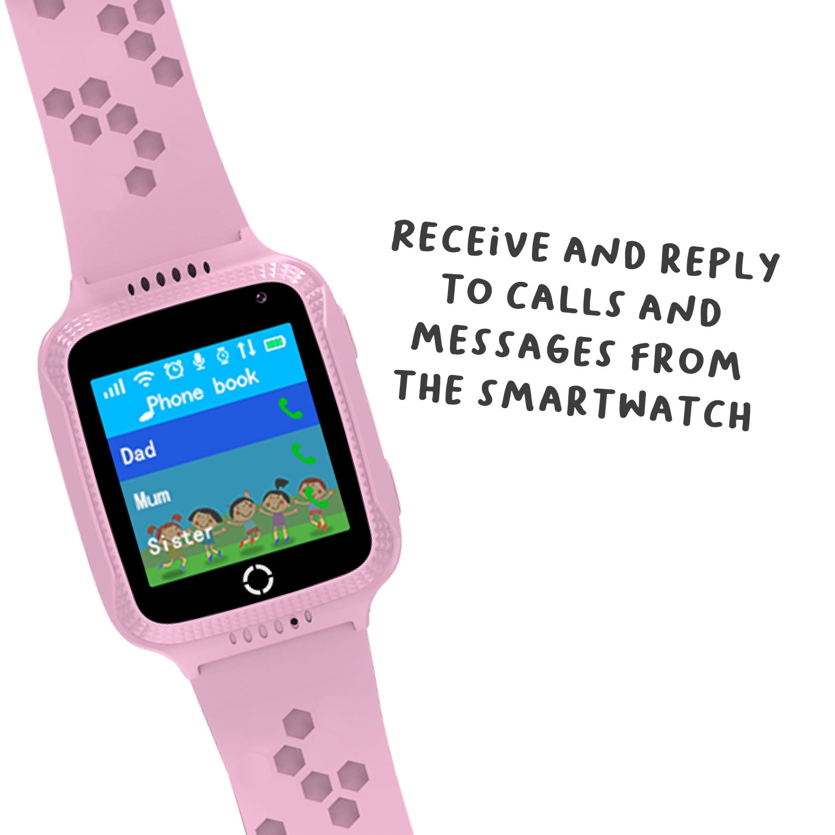 Smartwatch rosa con rubrica. Testo: Ricevi chiamate e messaggi.