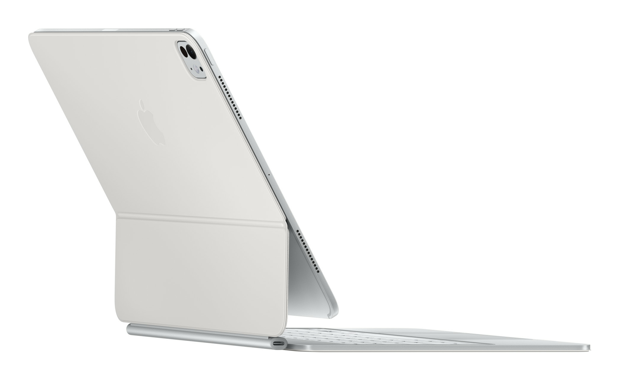Laptop argentato aperto, che mostra il retro dello schermo e la copertura della tastiera. Sfondo bianco.
