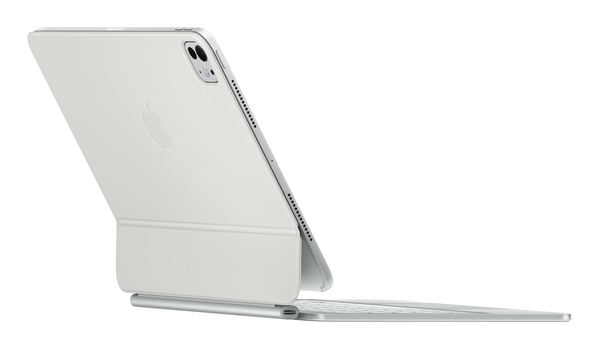 Tablet bianco con tastiera collegata. Vista posteriore. Sfondo bianco.