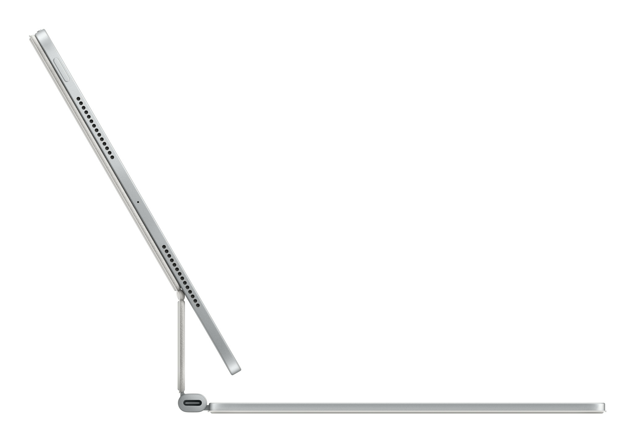 Tablet argento con tastiera. Sfondo bianco. Vista laterale.
