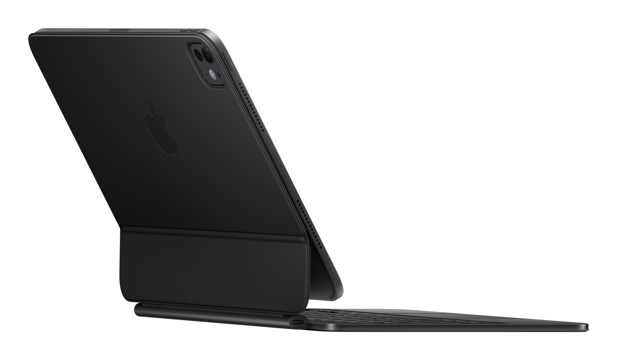 Czarny tablet z klawiaturą. Widok z tyłu. Logo Apple. Białe tło.