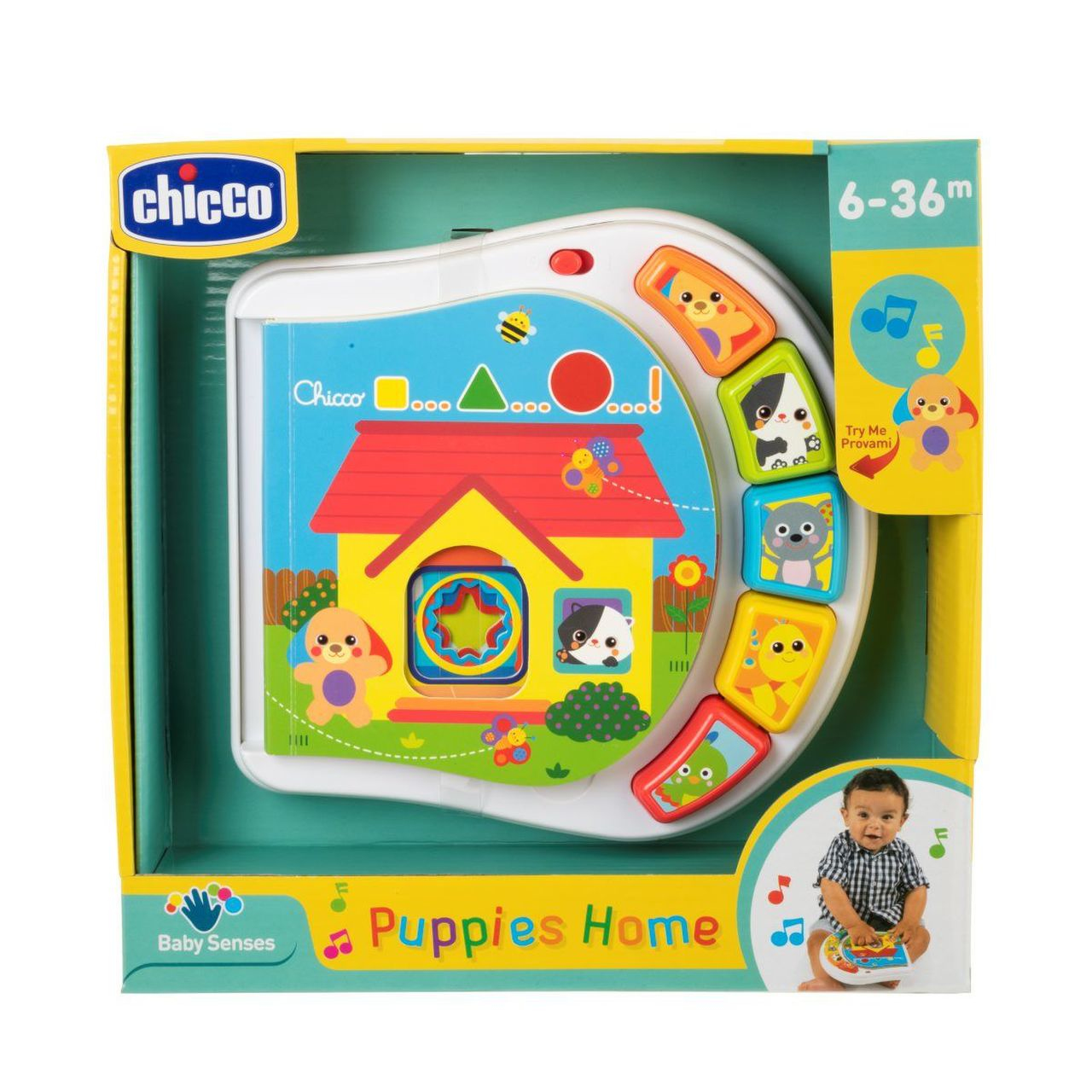 Buntes Spielzeug mit Haus, Tieren und Baby. Die Box ist gelb und weiß.