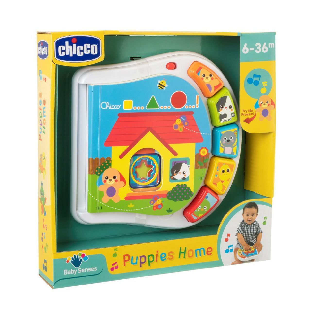 Babyspielzeugbuch in Box. Bunte Illustrationen. Baby in der Ecke. Weißer Hintergrund.
