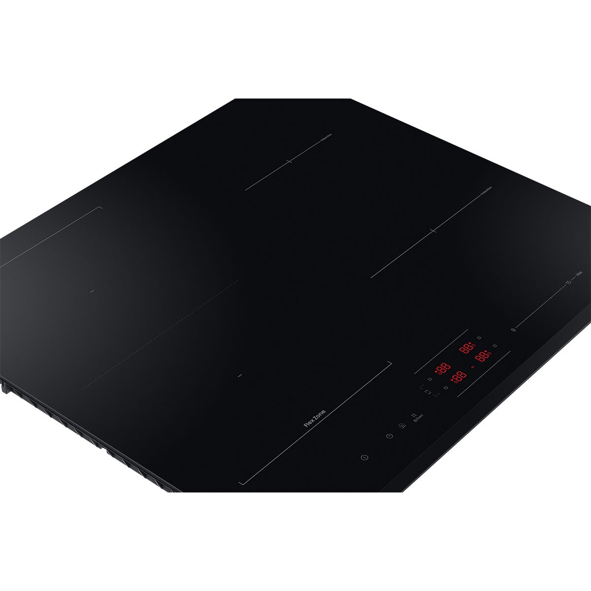 Una placa de inducción negra con cuatro zonas de cocción y panel digital con números rojos.