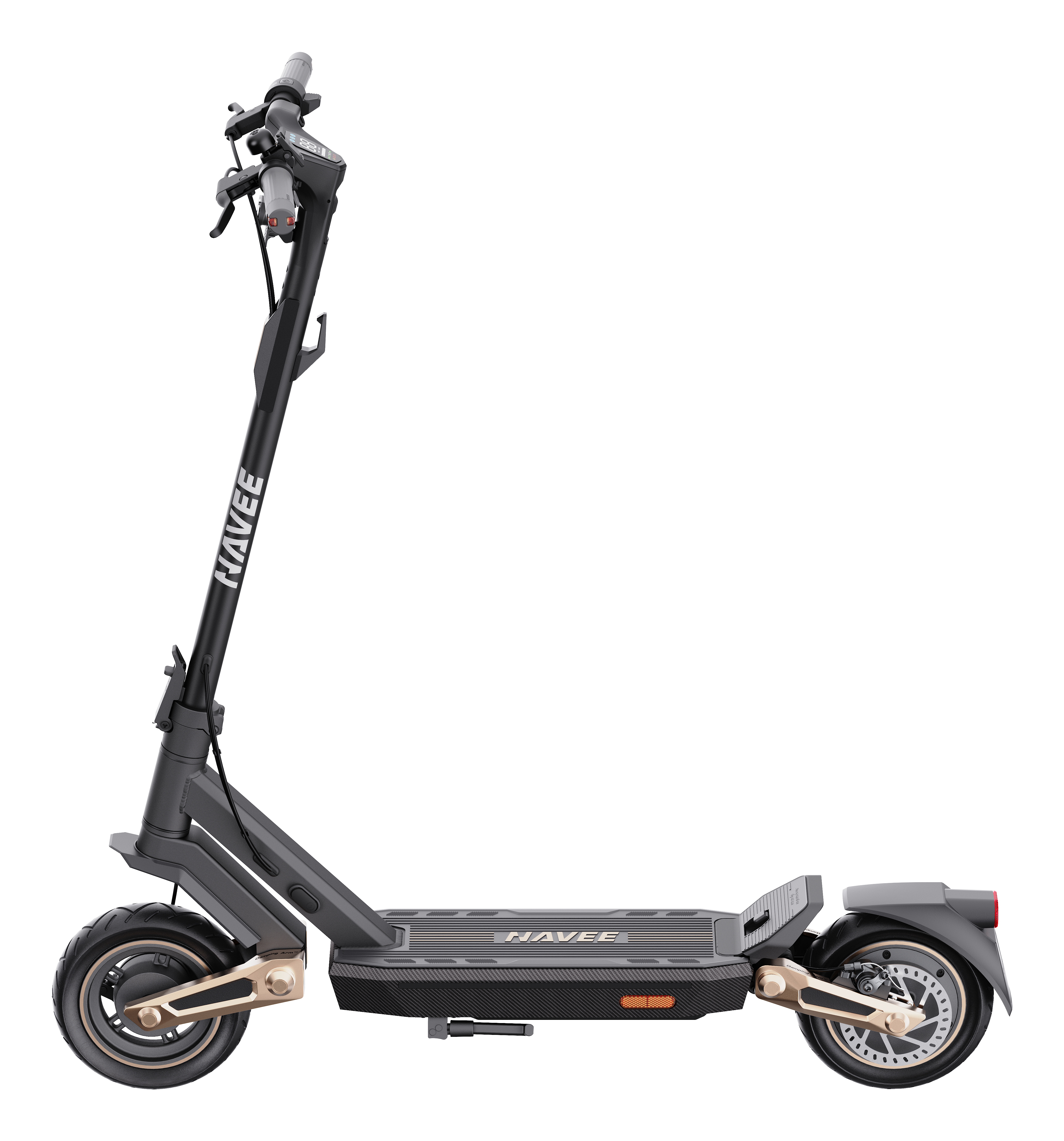 Scooter elettrico nero e grigio, vista laterale. Marchio Navee e dettagli dorati. Isolato su sfondo bianco.