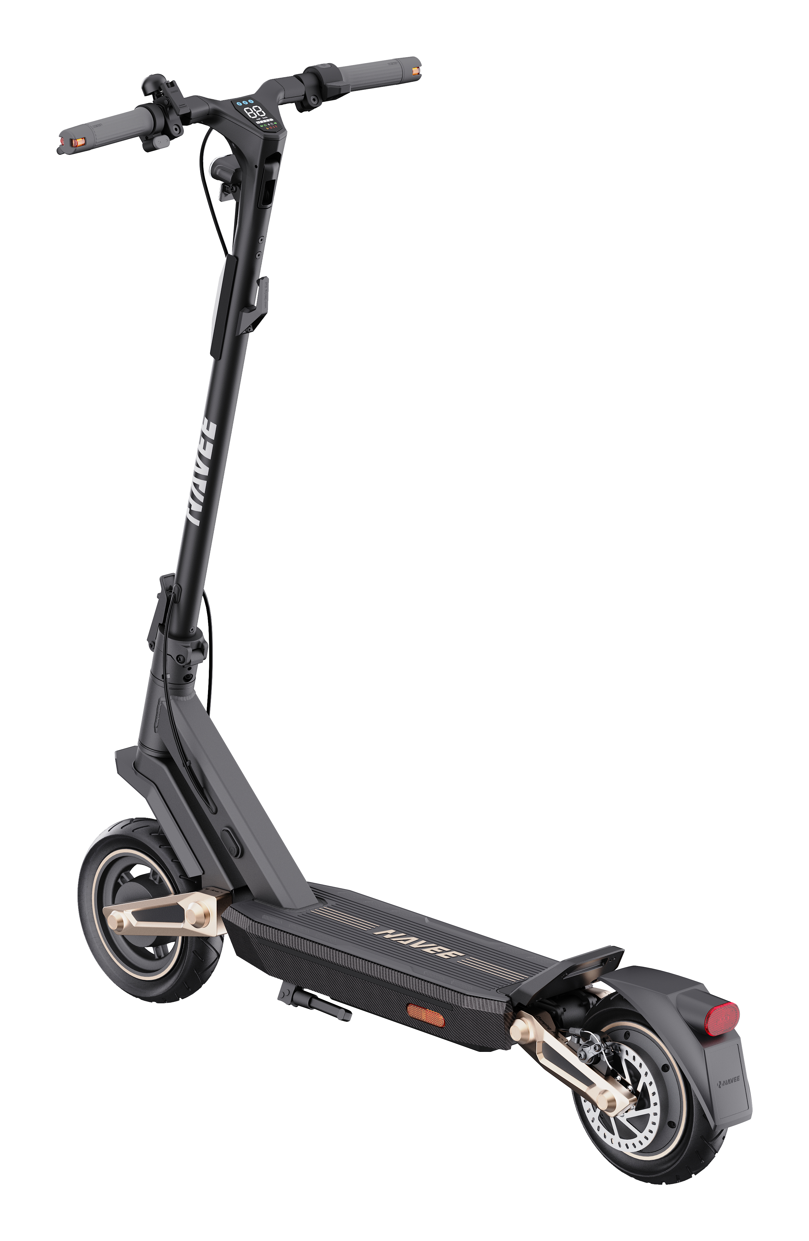 Scooter elettrico nero e grigio su sfondo bianco, con dettagli dorati. Manubrio e ruote visibili.
