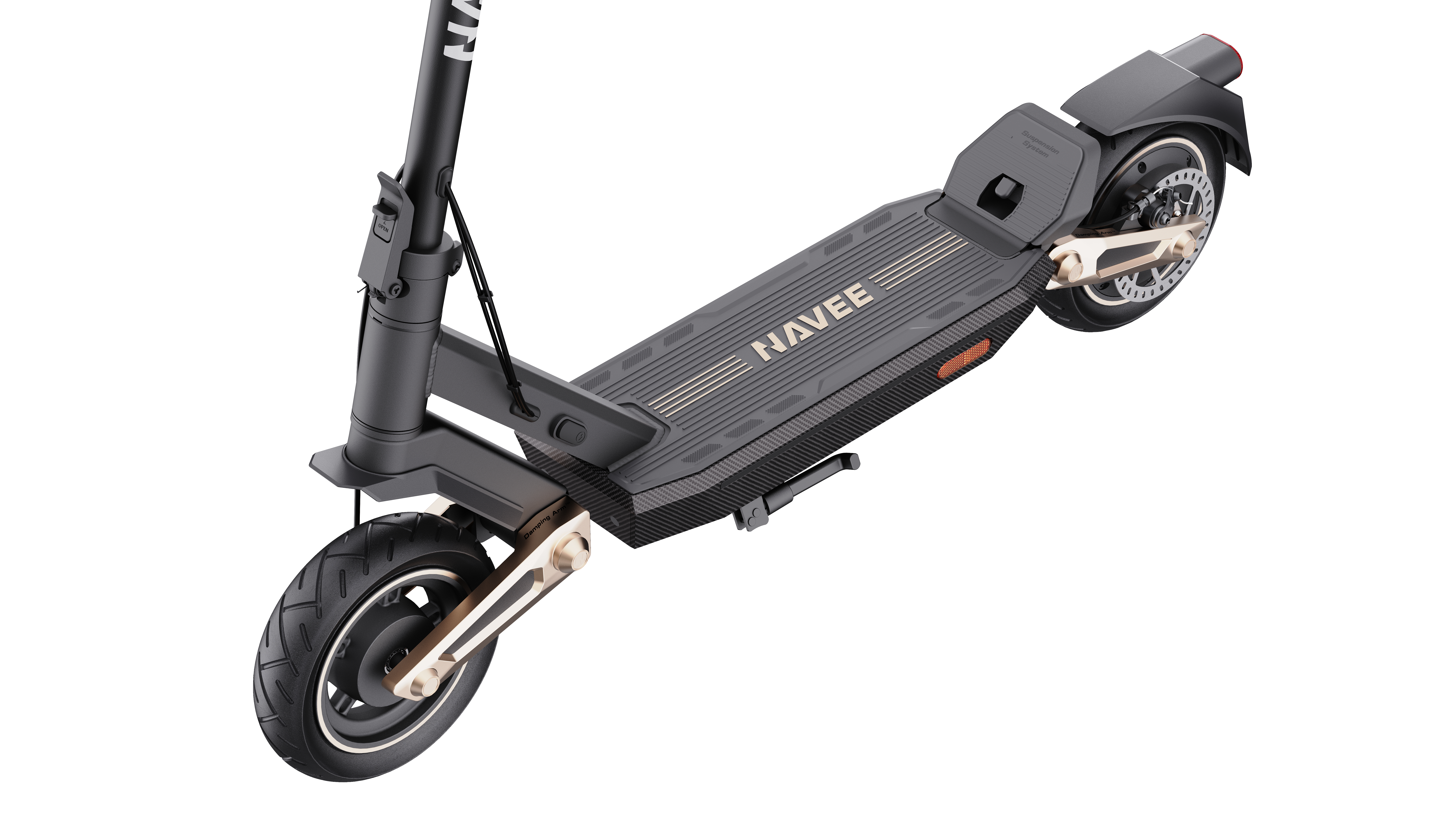 Scooter elettrico nero e grigio visto dal basso, isolato su bianco.