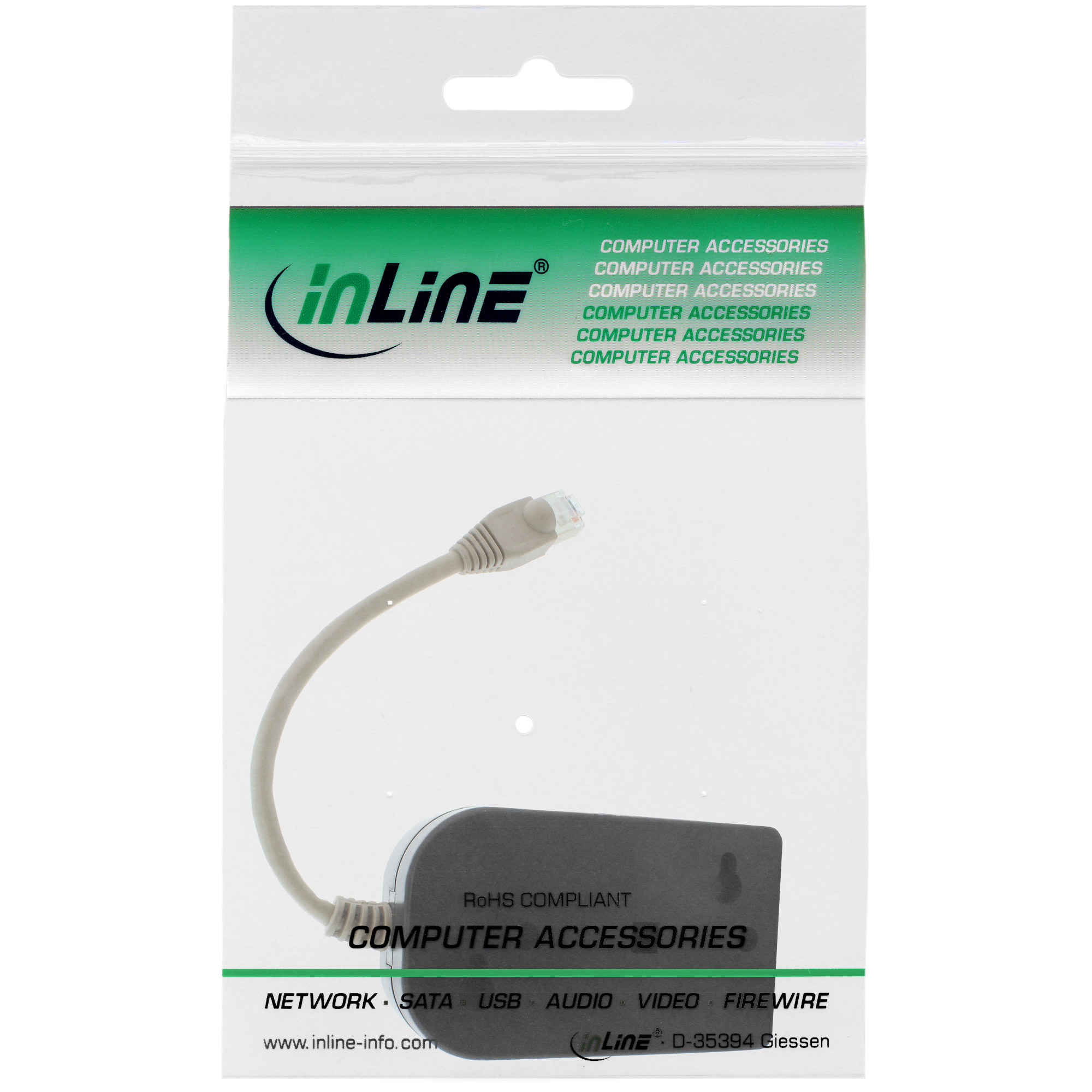 Eine transparente Plastiktüte mit einem Netzwerkadapter. Die Tüte hat den Markennamen inLine darauf.