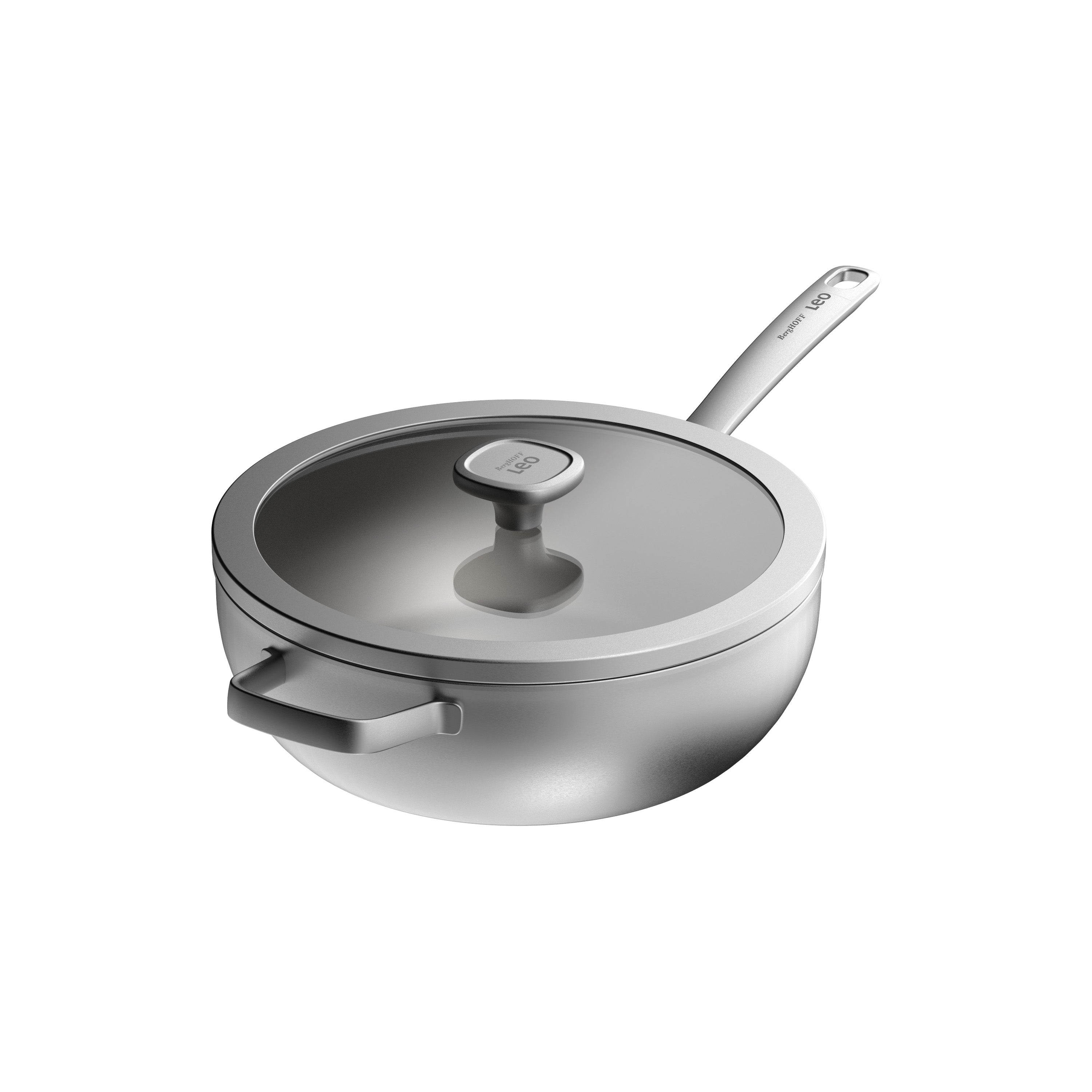 A silver pan with a glass lid. It has a long handle. The pan is on a white background.