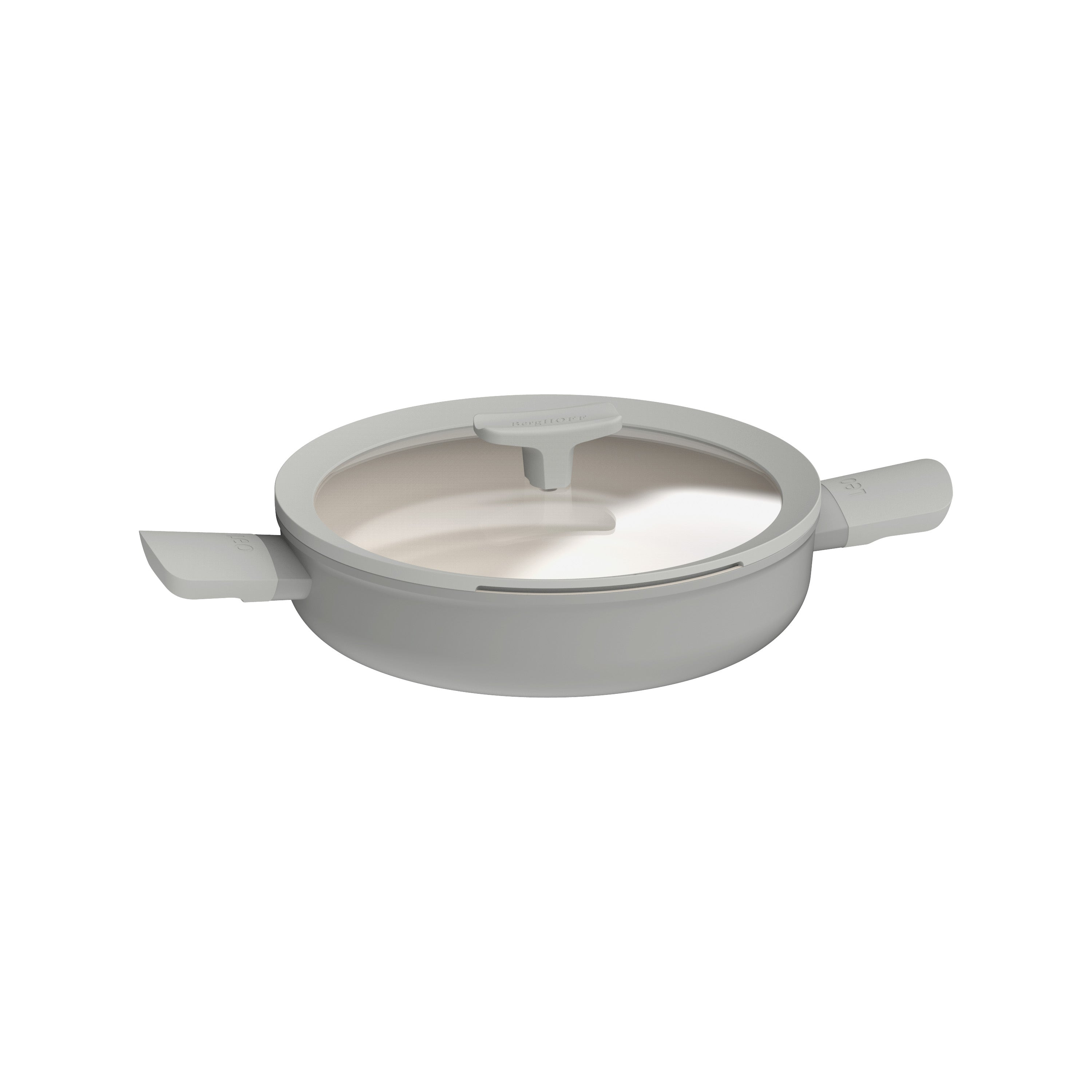 A gray pan with two side handles and a glass lid. The pan is on a white background.