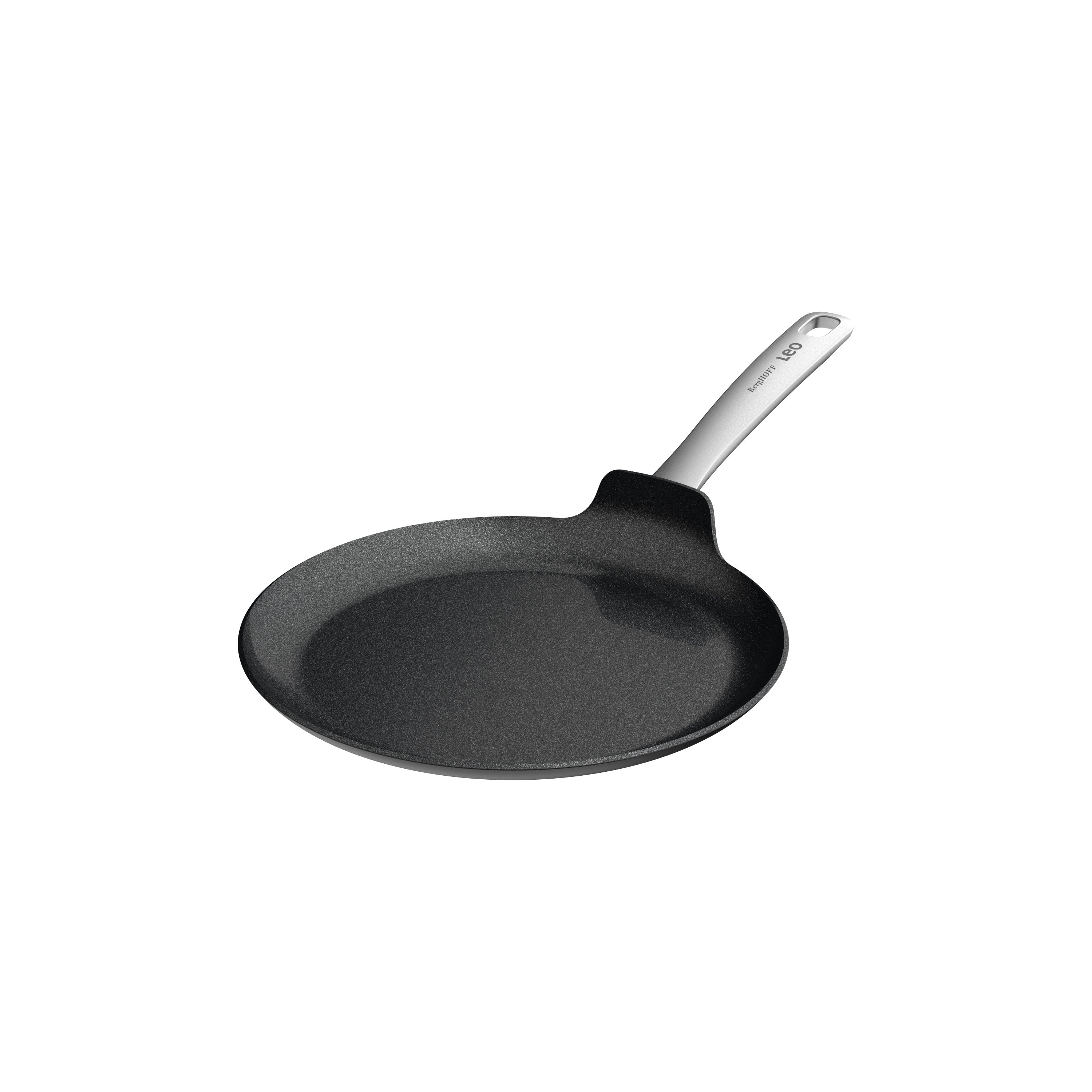 A black pan with a long handle on a white background. It is a frying pan.