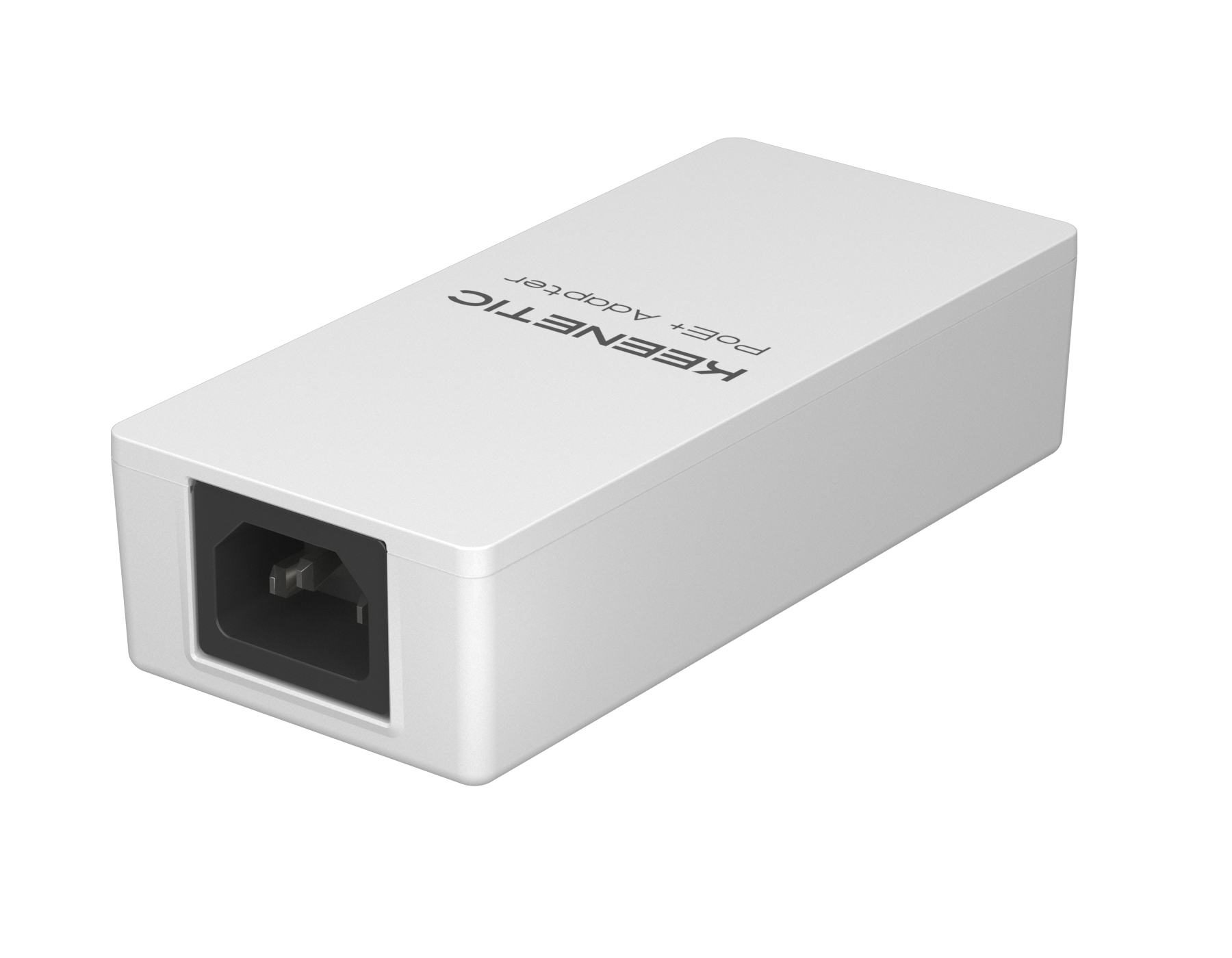 Weißer Keenetic PoE+ Adapter. Schräge Ansicht. Weißer Hintergrund.