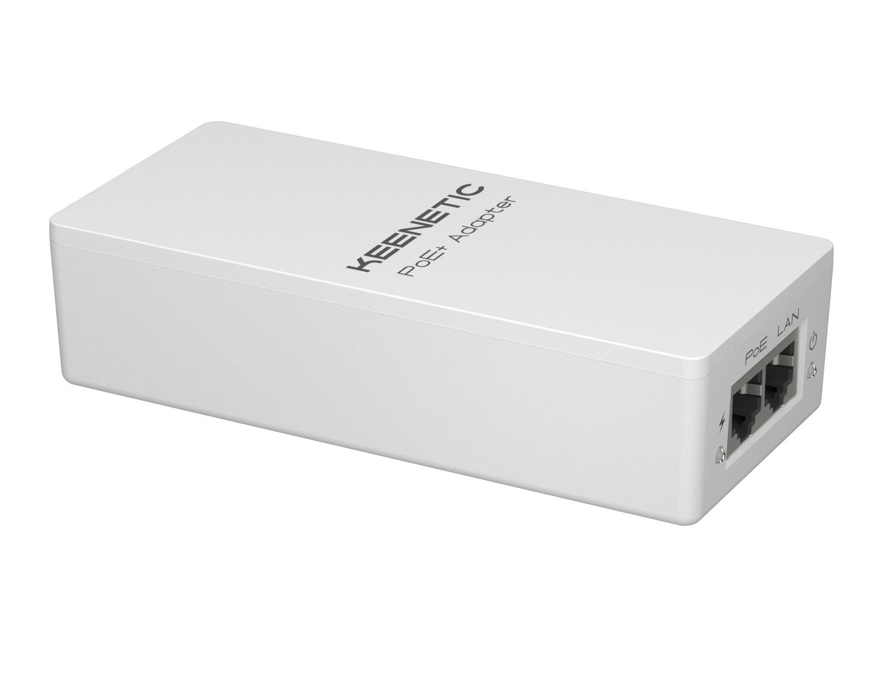 Weißer Keenetic PoE+ Adapter. Text und Anschlüsse sind sichtbar. Weißer Hintergrund.