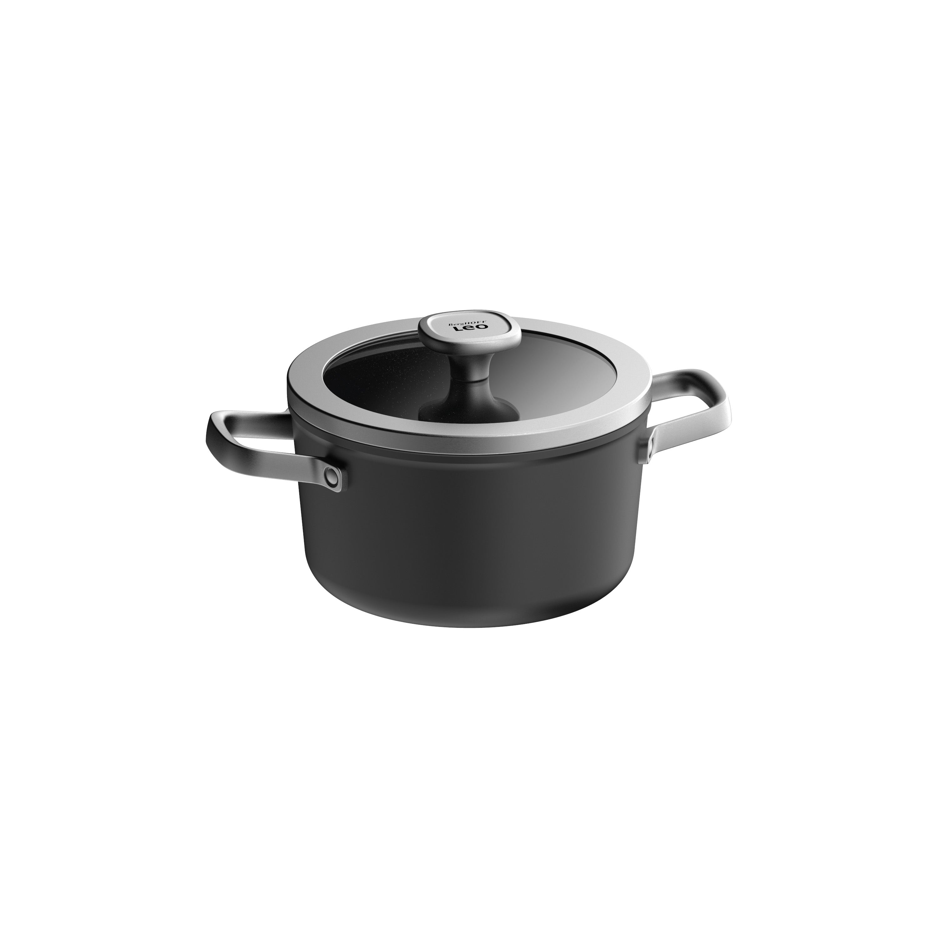 Zwarte pot met glazen deksel en zilveren afwerking.