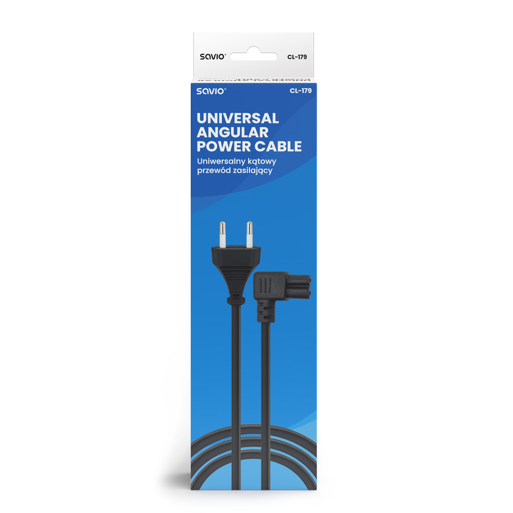Confezione del cavo Savio Universal Angular Power Cable. Il cavo ha un connettore ad angolo retto.