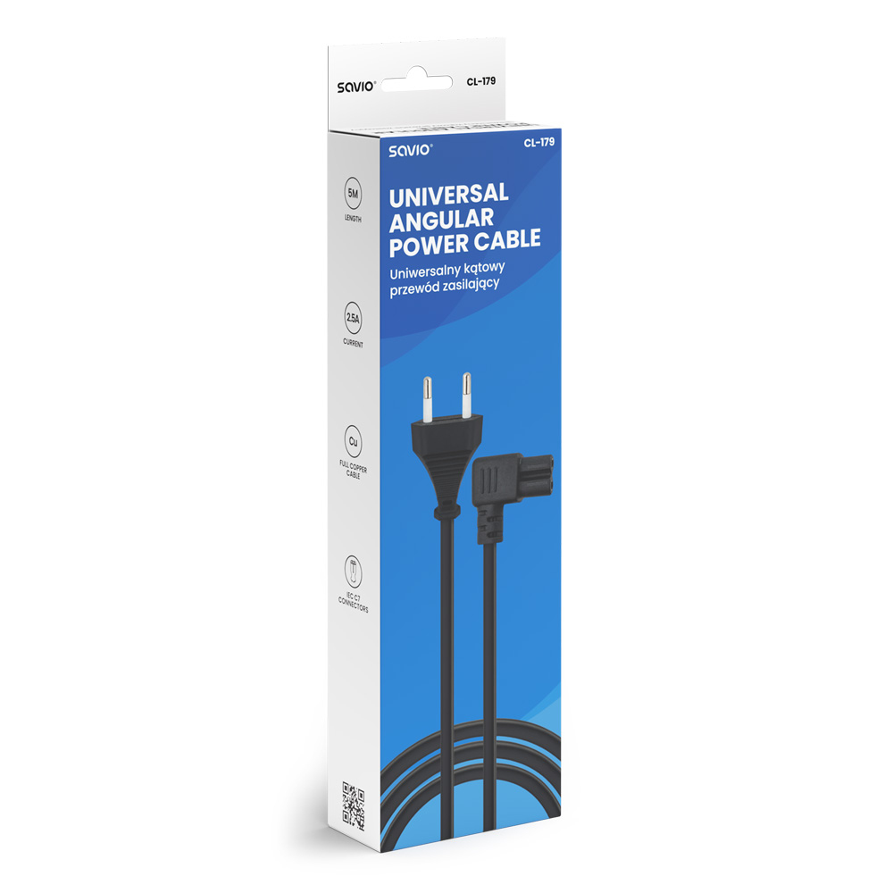 Confezione del cavo Savio Universal Angular Power Cable. Il cavo è mostrato all'interno della confezione.